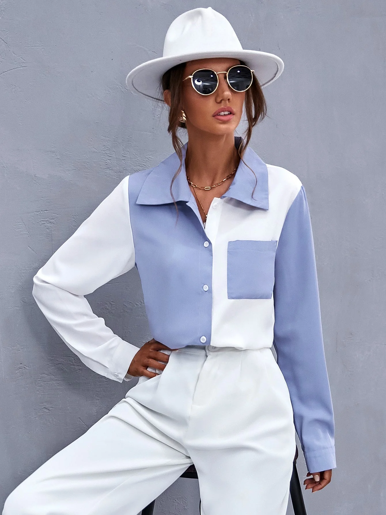 KittenAlarm - Colorblock Patch Pocket Blouse