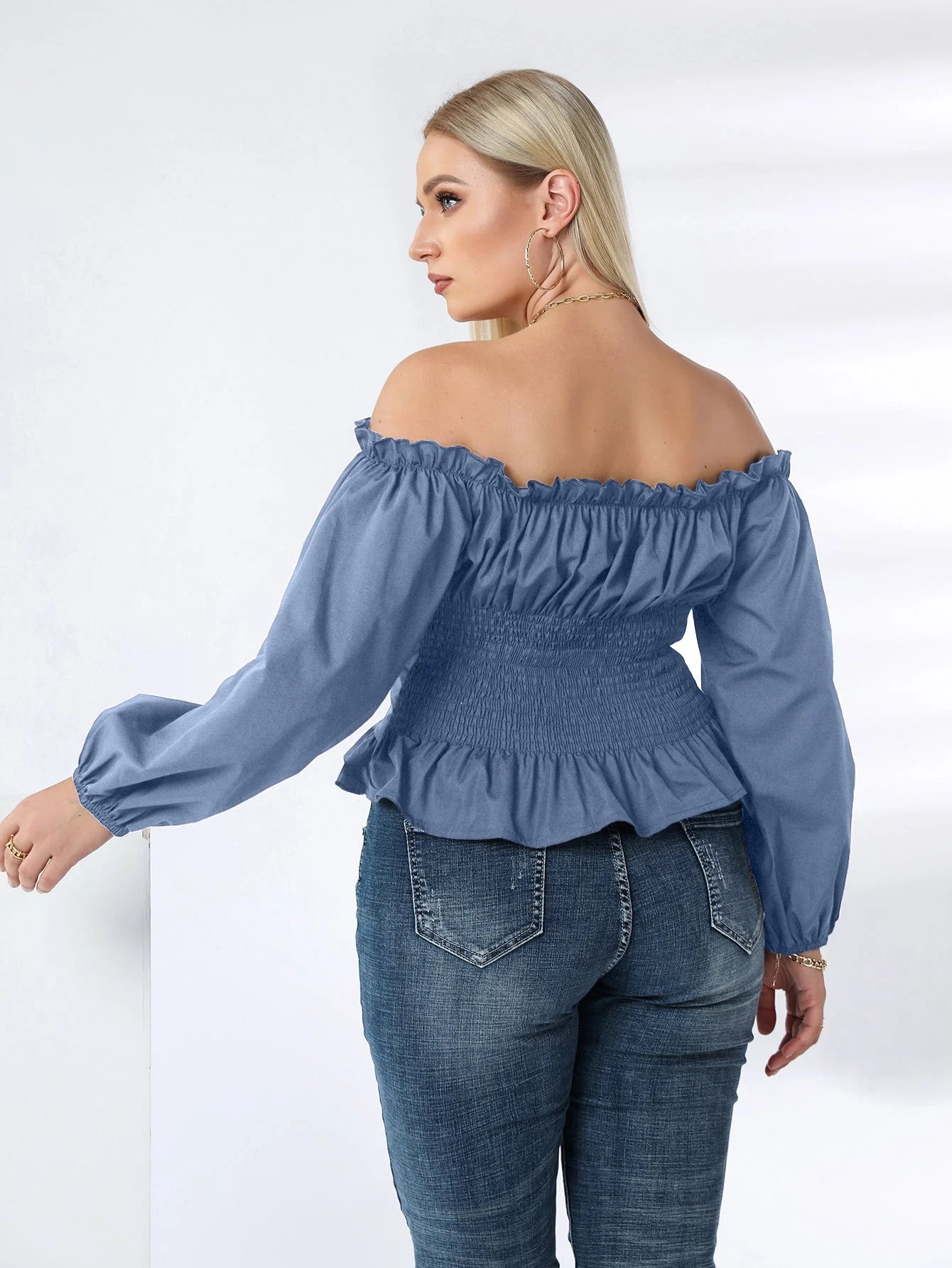 KittenAlarm - Plus Off Shoulder Lace Up Ruffle Hem Peplum Blouse