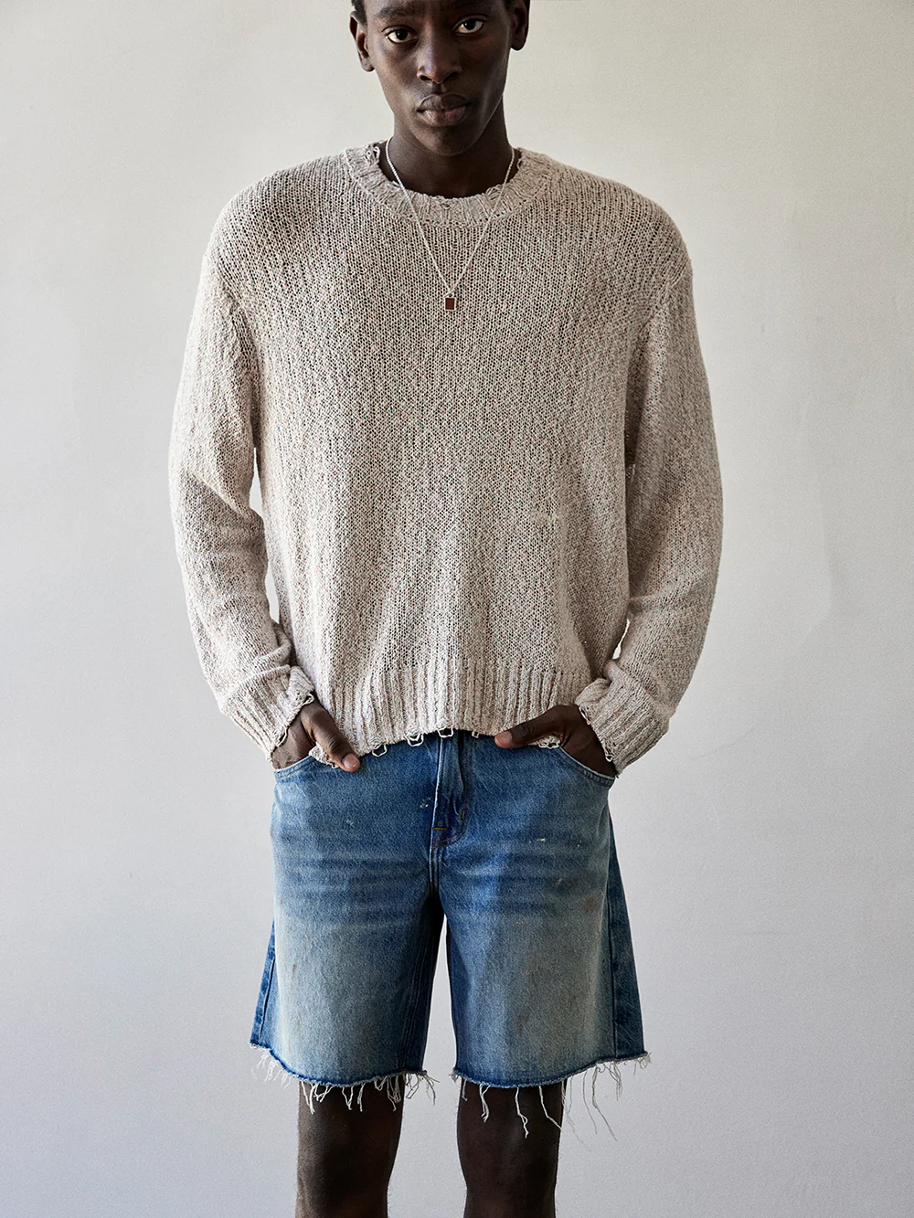Multi Color Distressed Sweater -- Ecru Multi