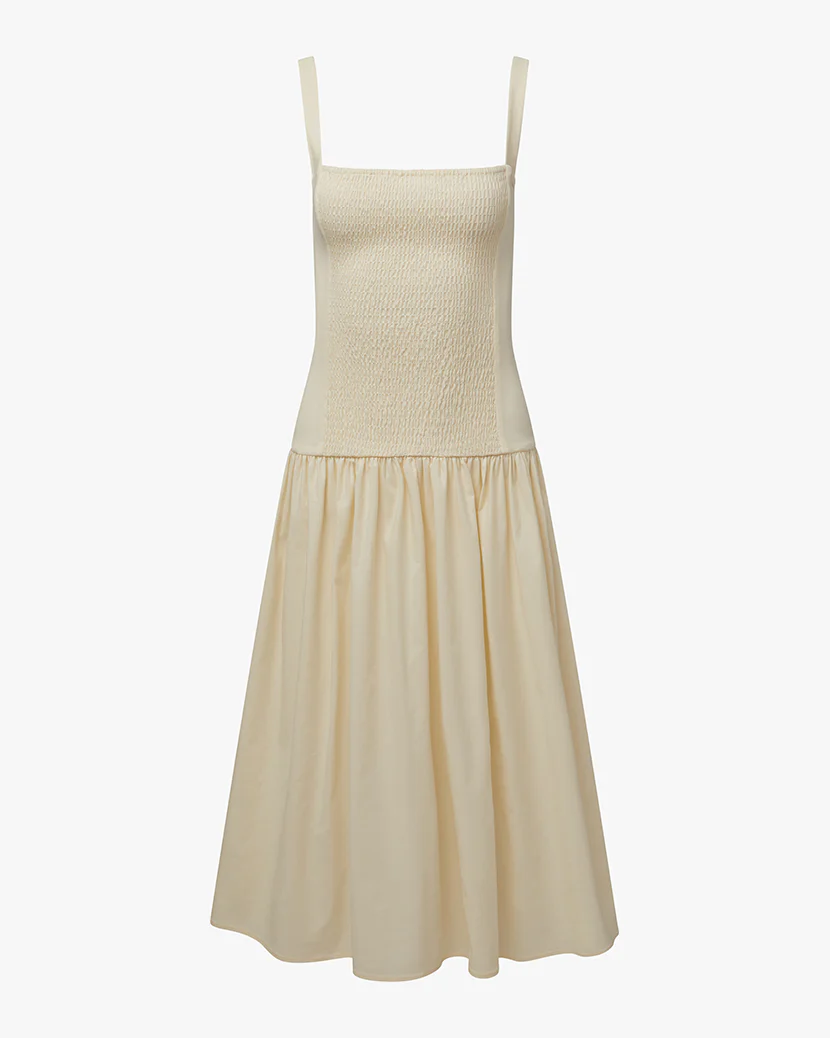 Smocked Drop Waist Midi Dress