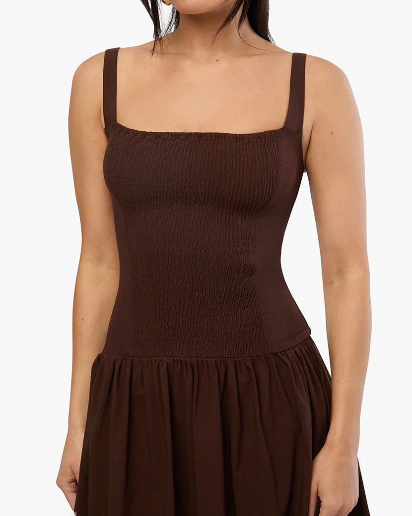 Smocked Drop Waist Midi Dress