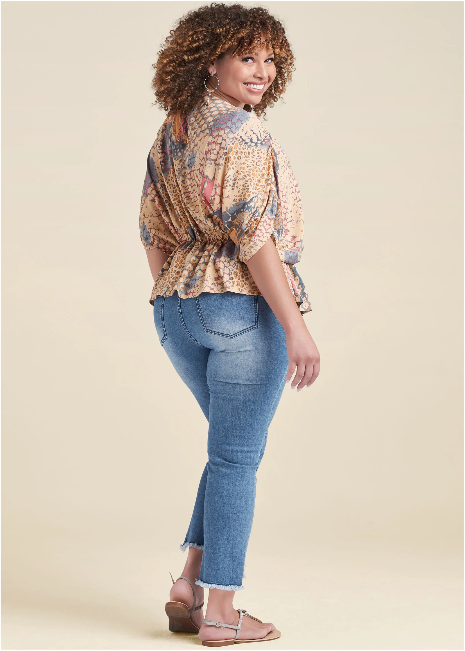 Printed faux-wrap top - Orange Multi