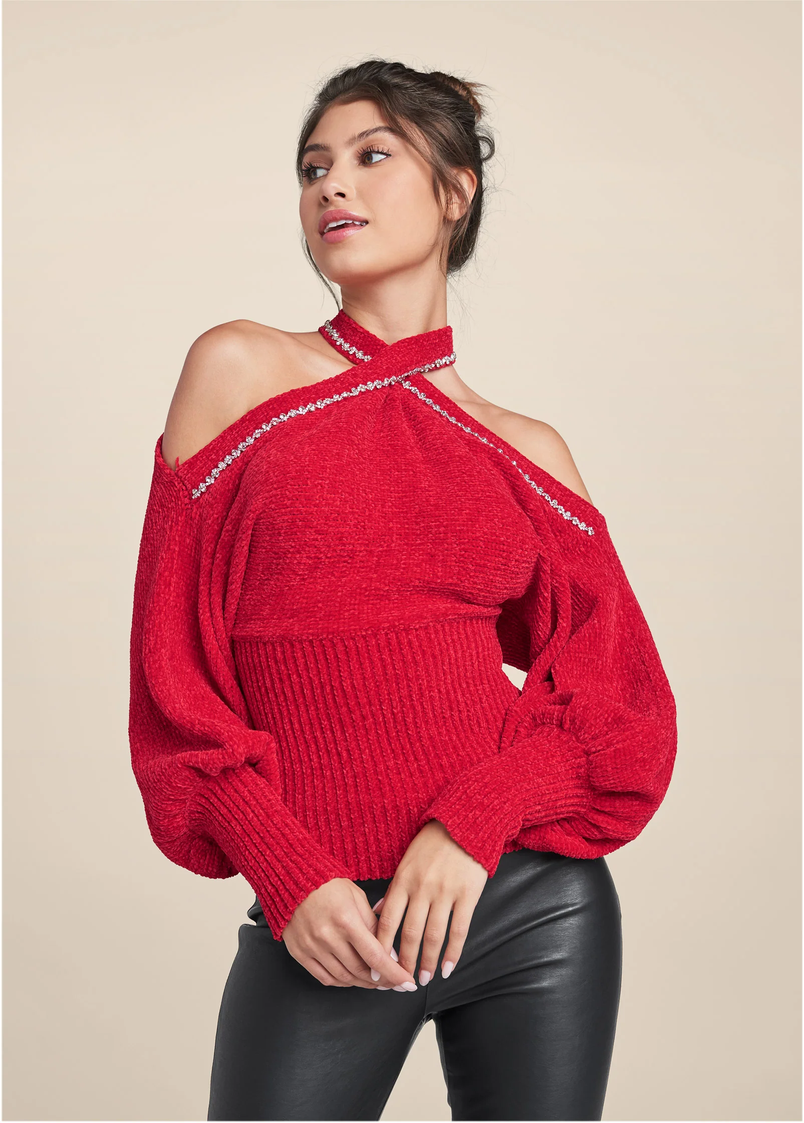 Jeweled Chenille cold shoulder sweater - Red