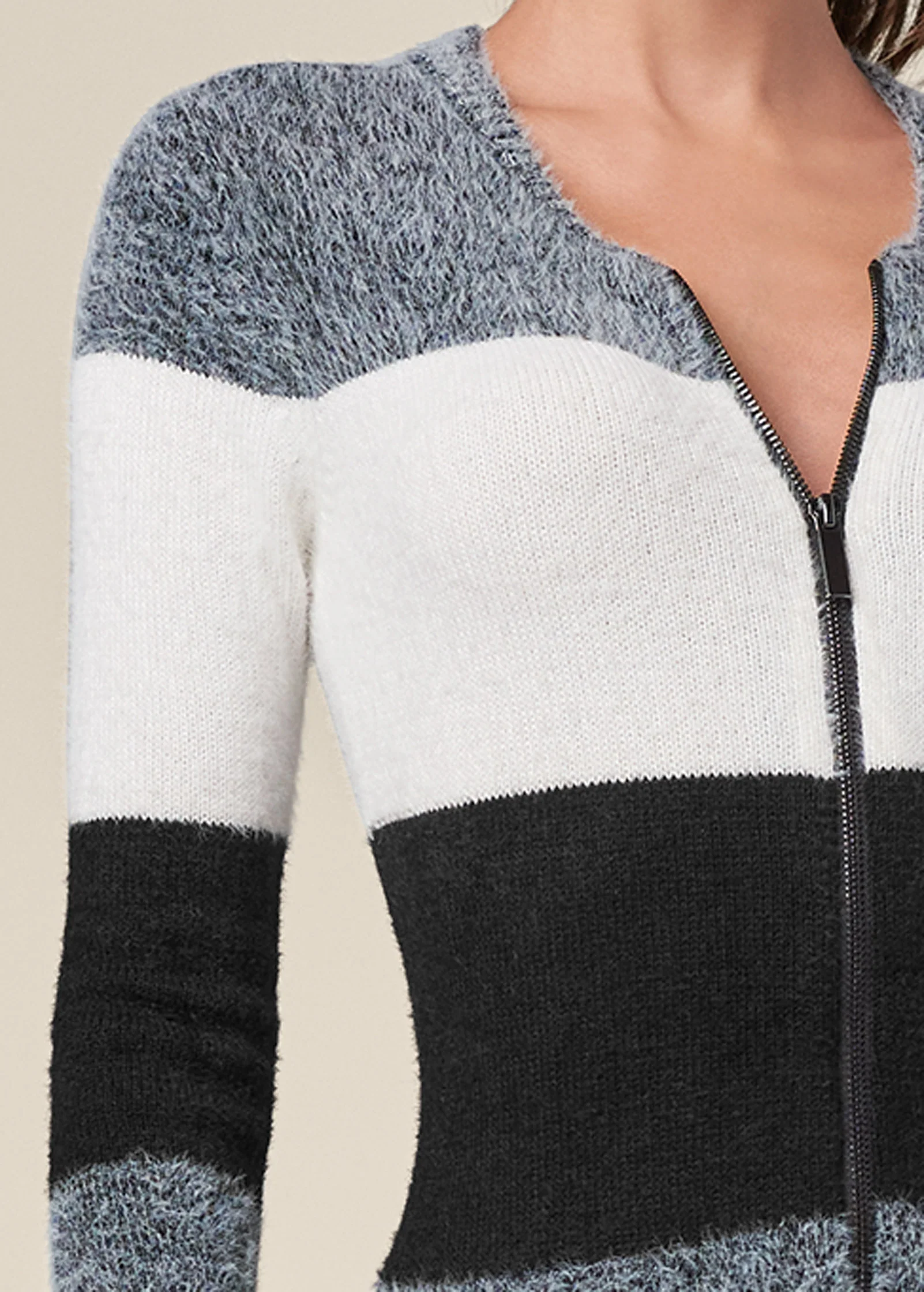 Zip front cozy peplum cardigan - Black Multi