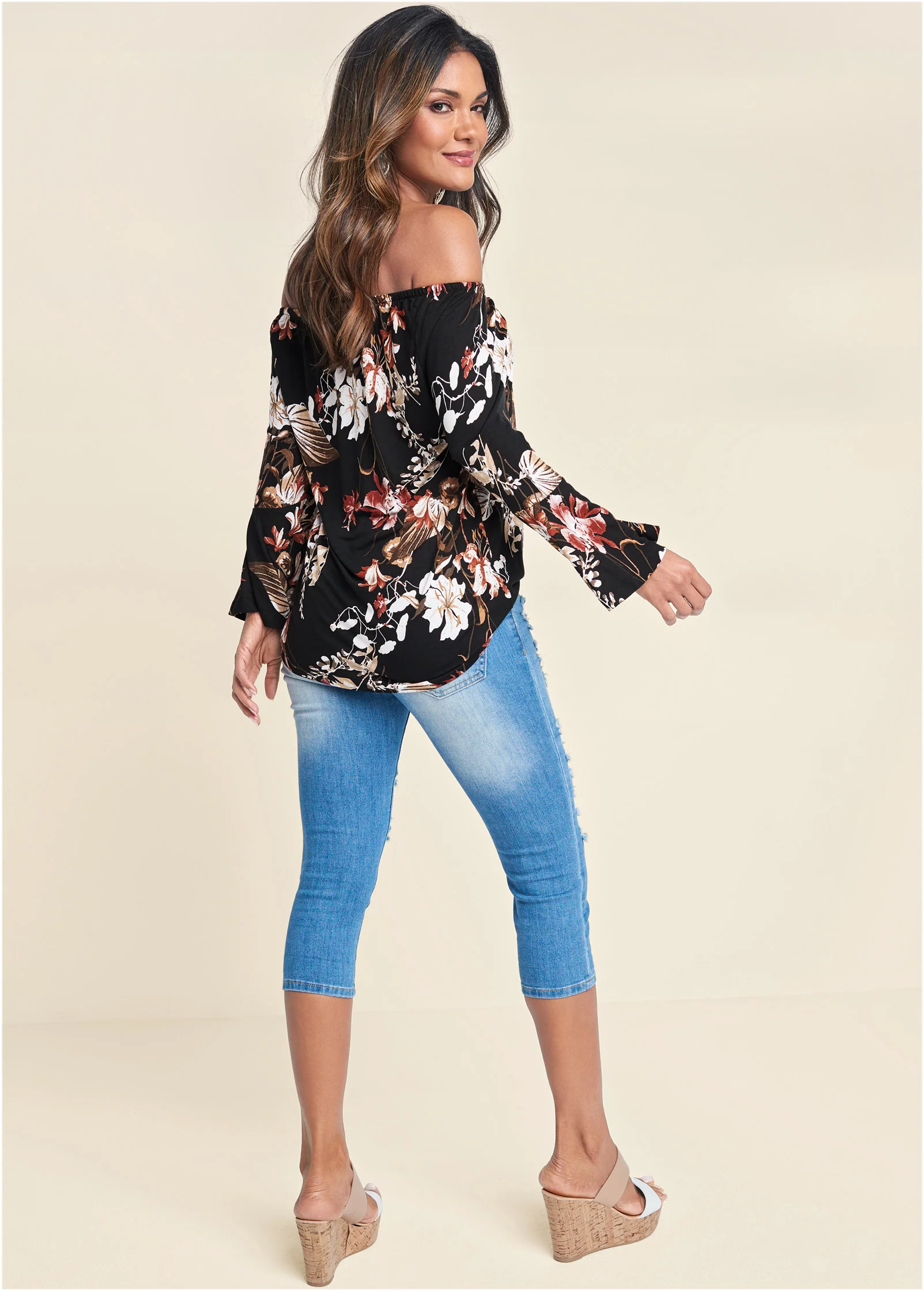 Bell sleeve printed top - Black Multi
