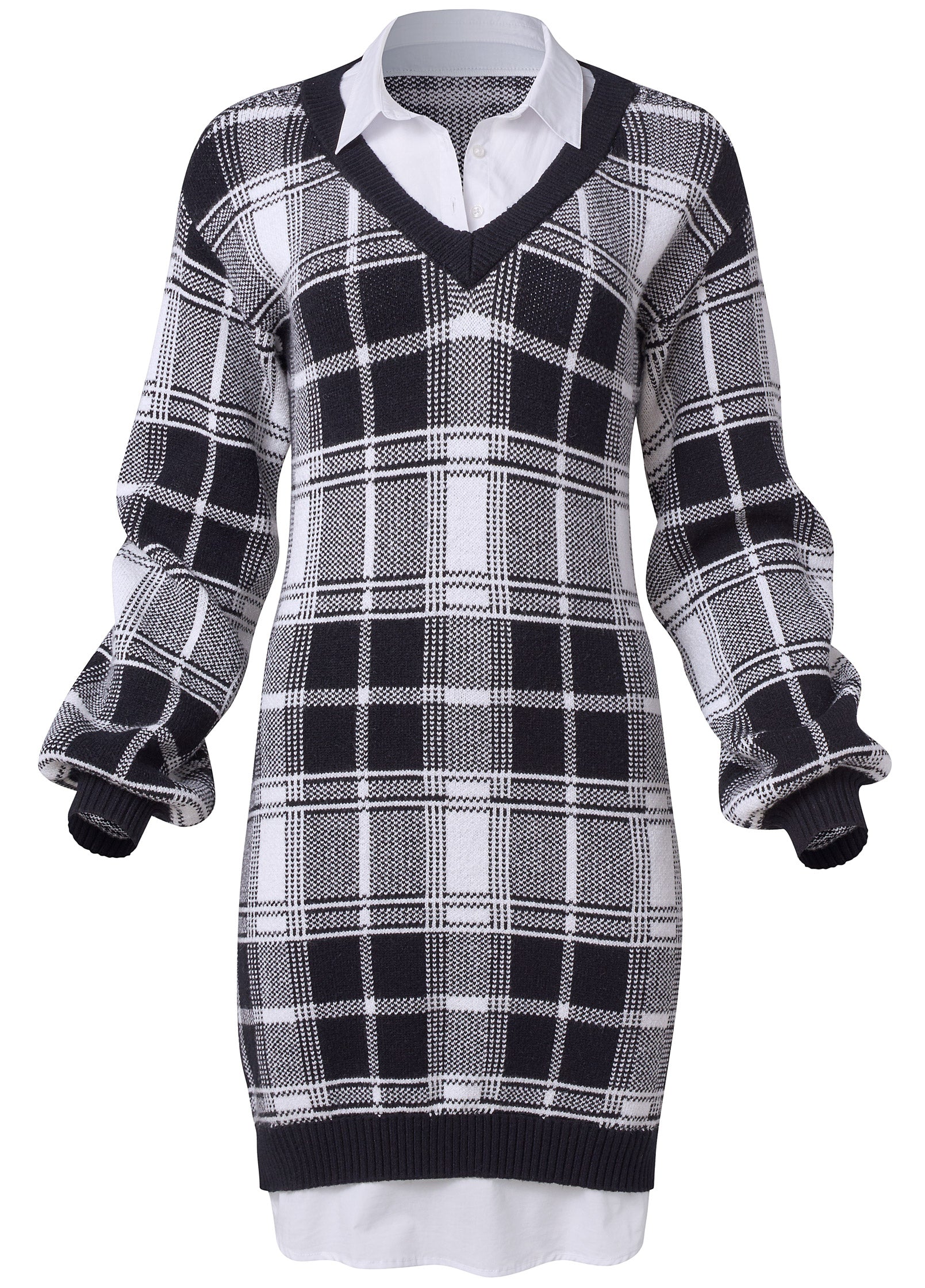 Plaid layered sweater dress - White & Black