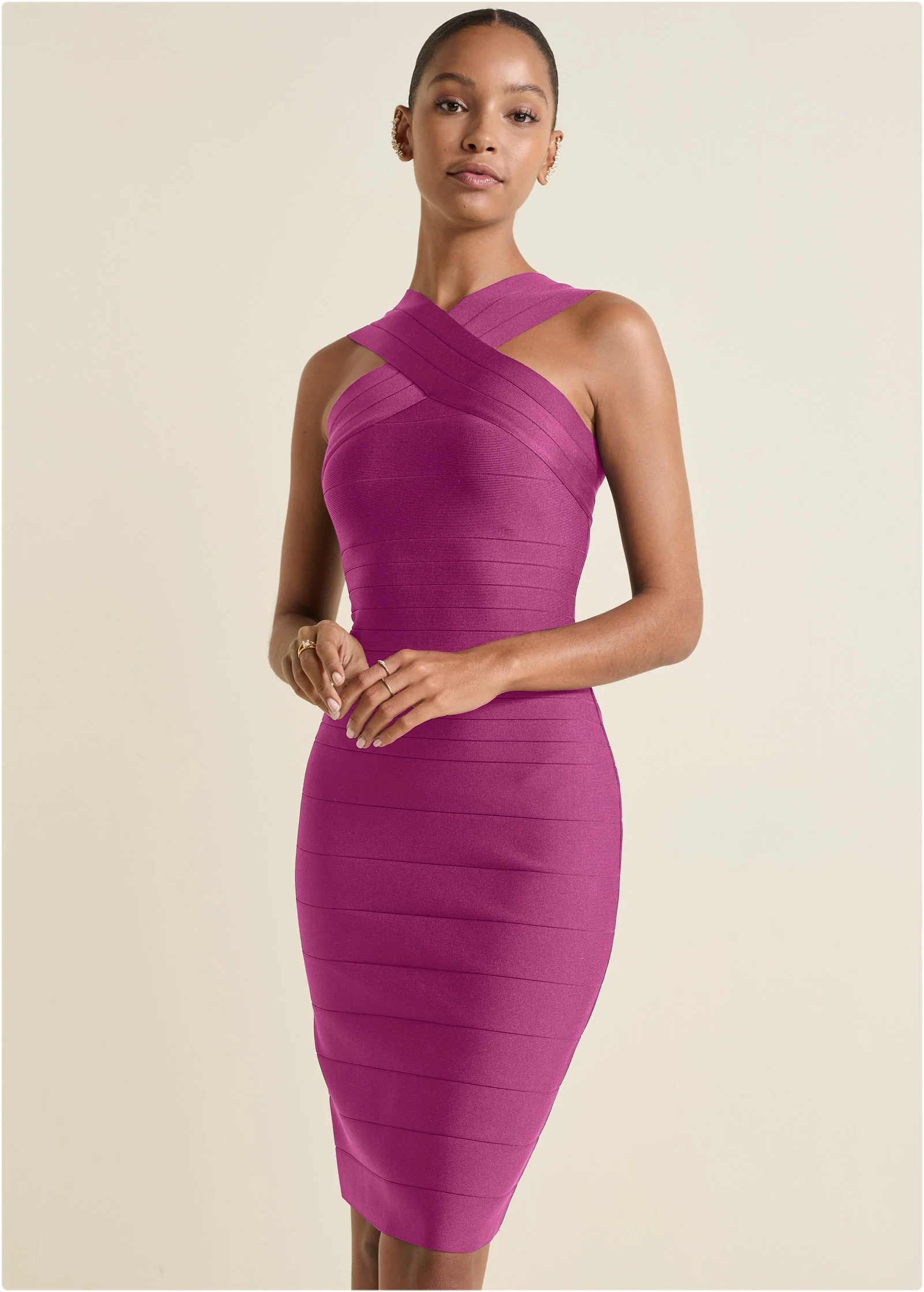 Cross-Neck Bandage Dress - Dark Pink
