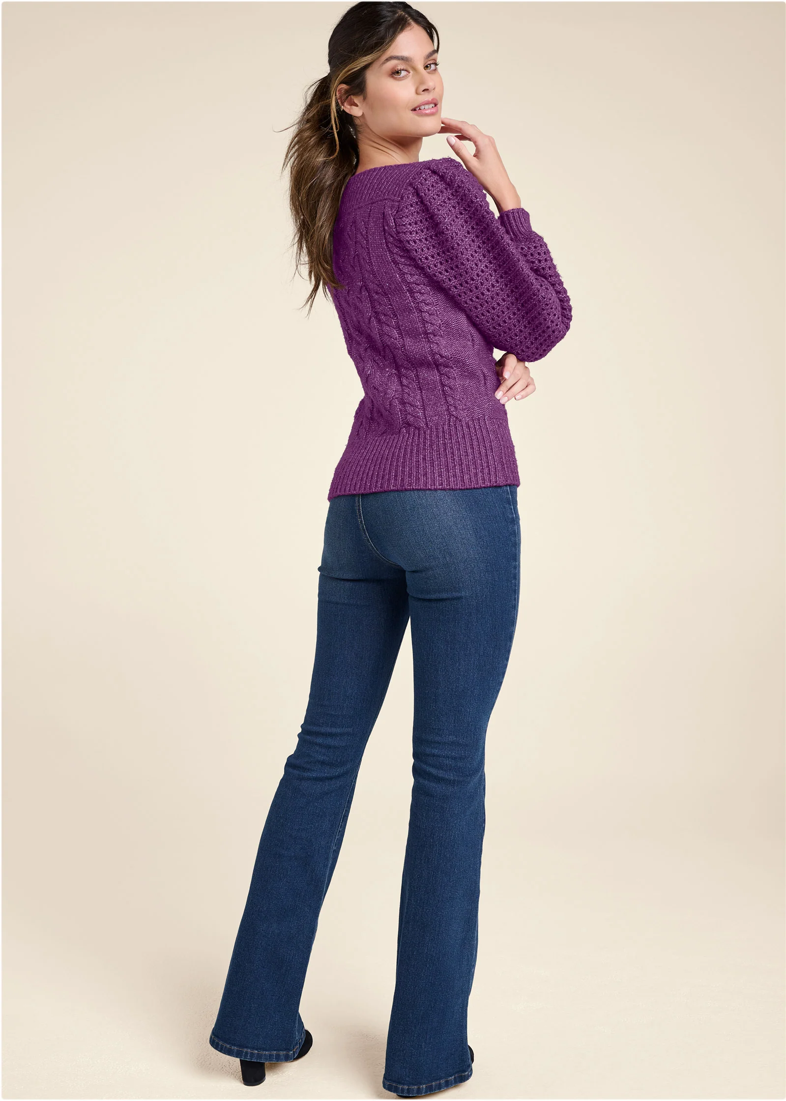 Cable knit bubble sleeve sweater - Purple