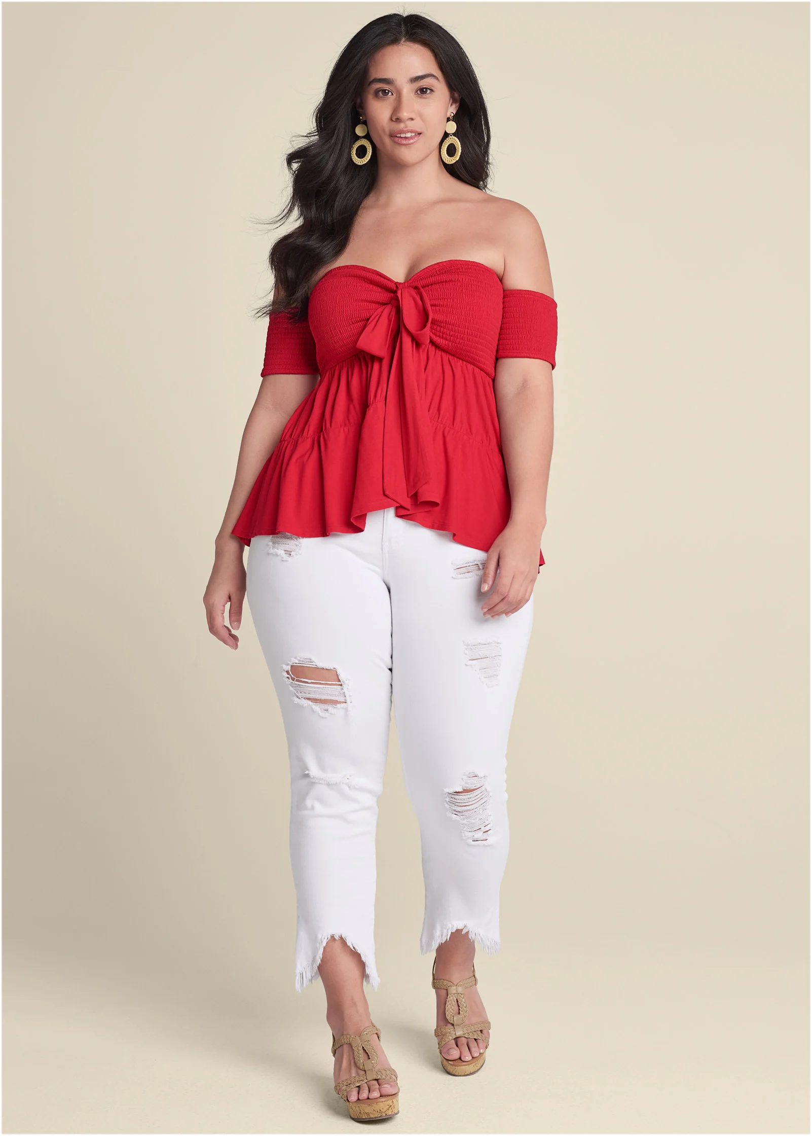Tie front smocked top - Red