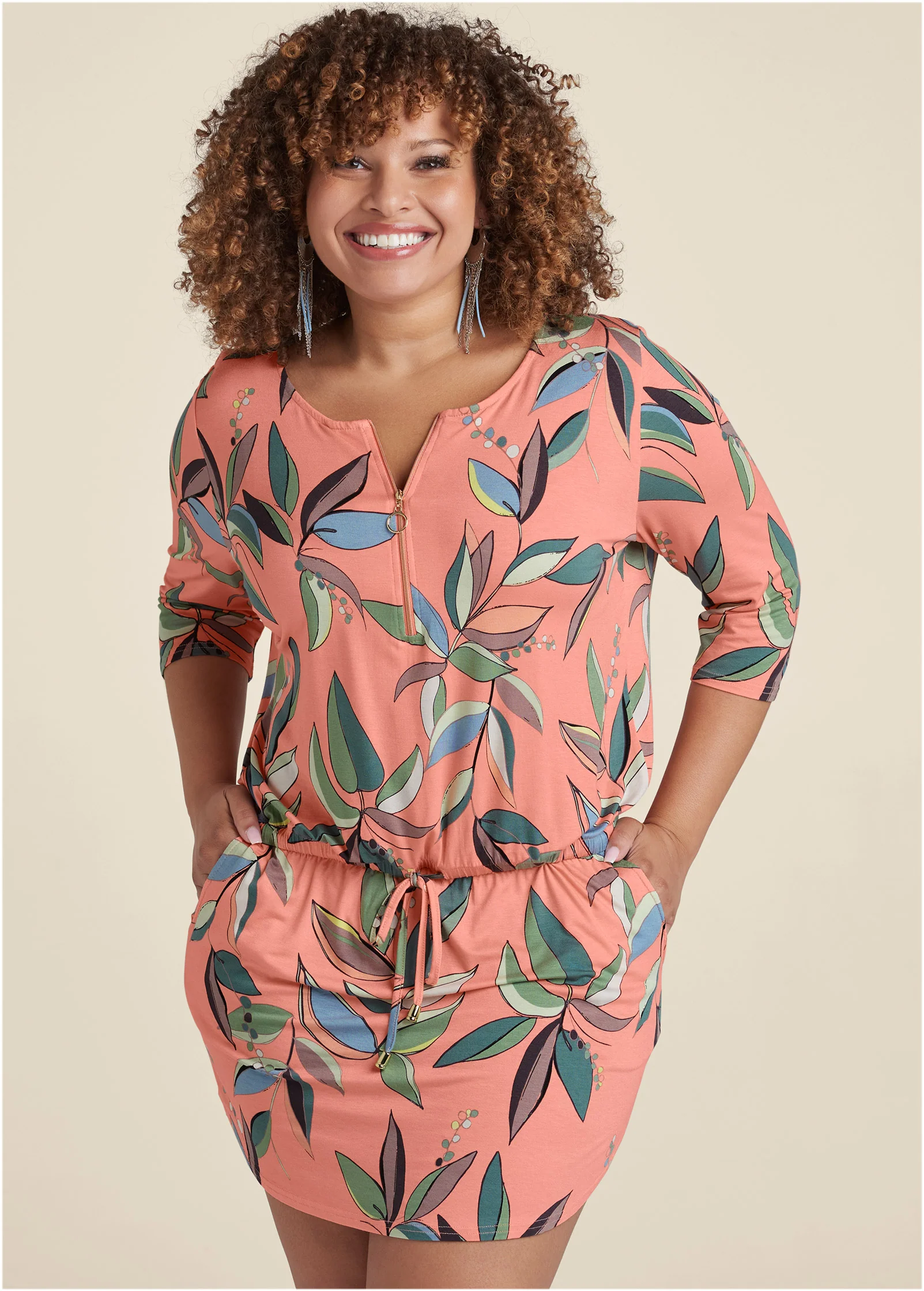 Zip detail printed dress - Orange Multi