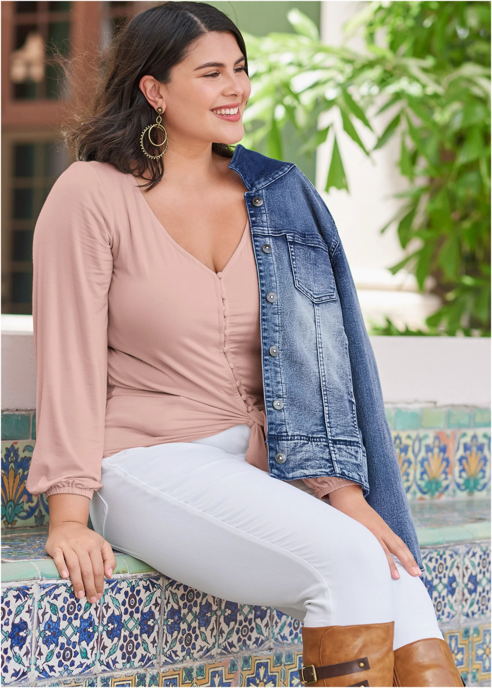 Tie-front button-up top - Peach