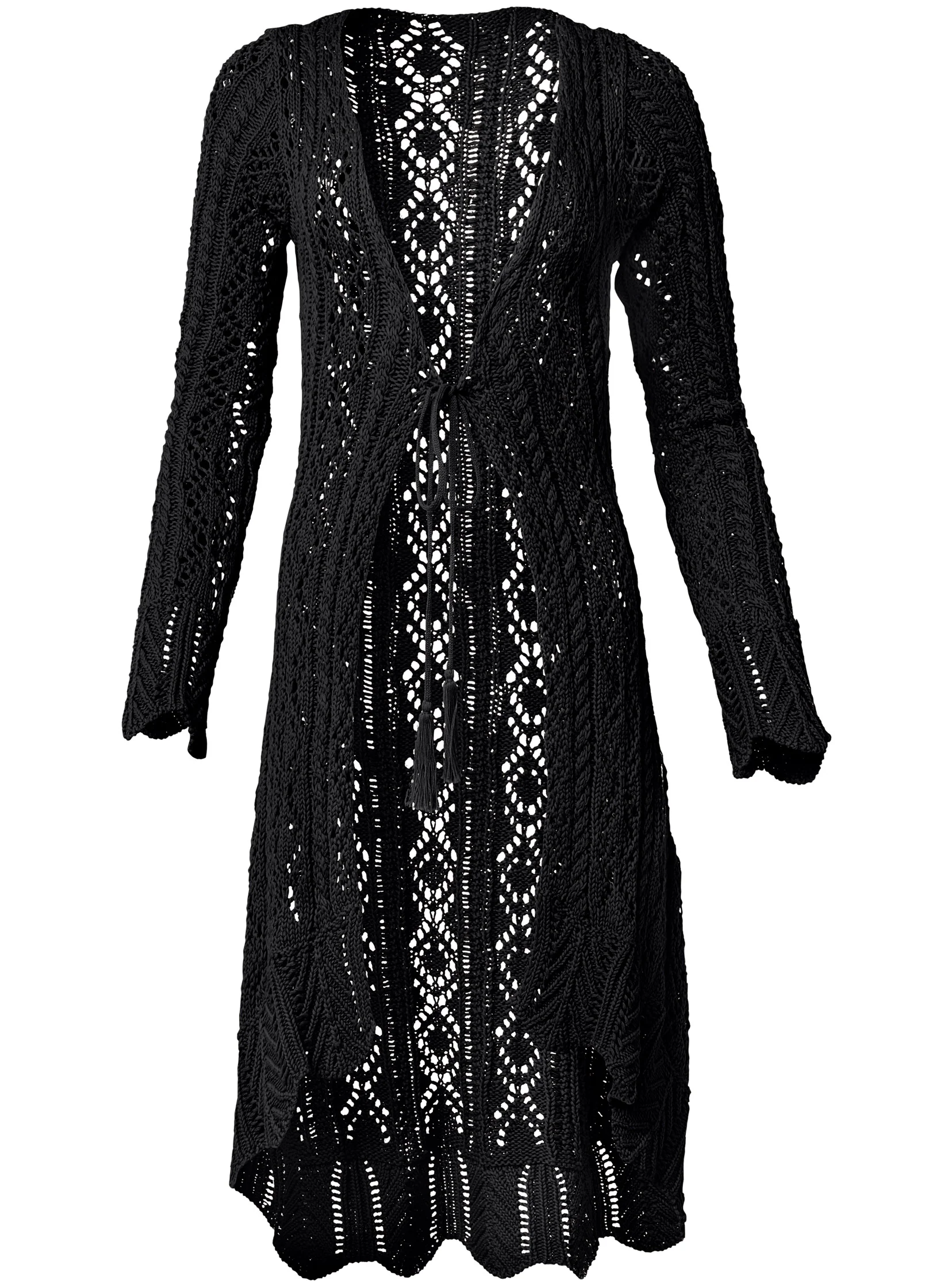 Long tie front crochet cardigan - Black