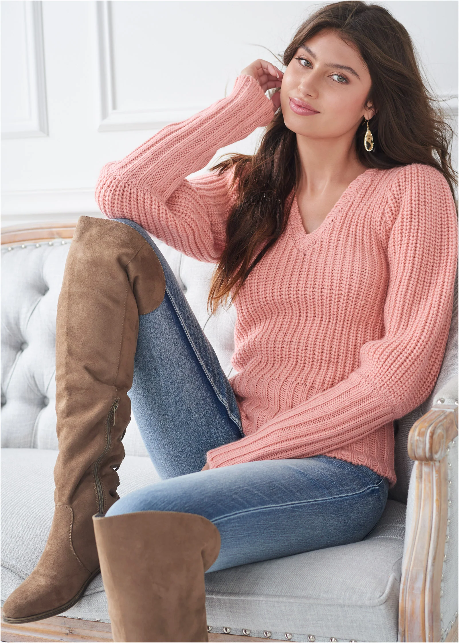 Puff sleeve ribbed v neck sweater - Dusty Pink