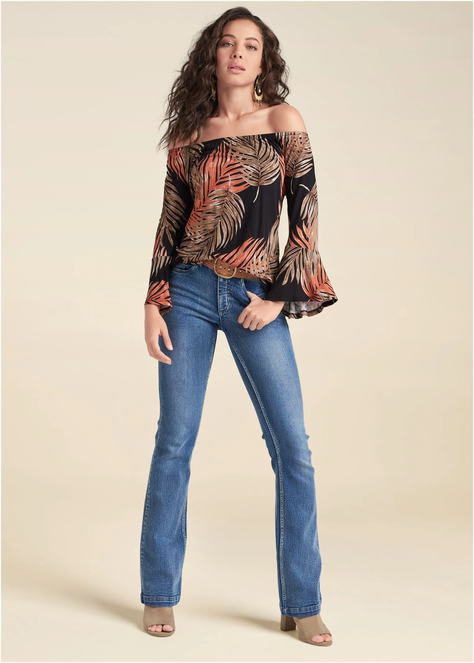 Bell sleeve printed top - Black & Orange