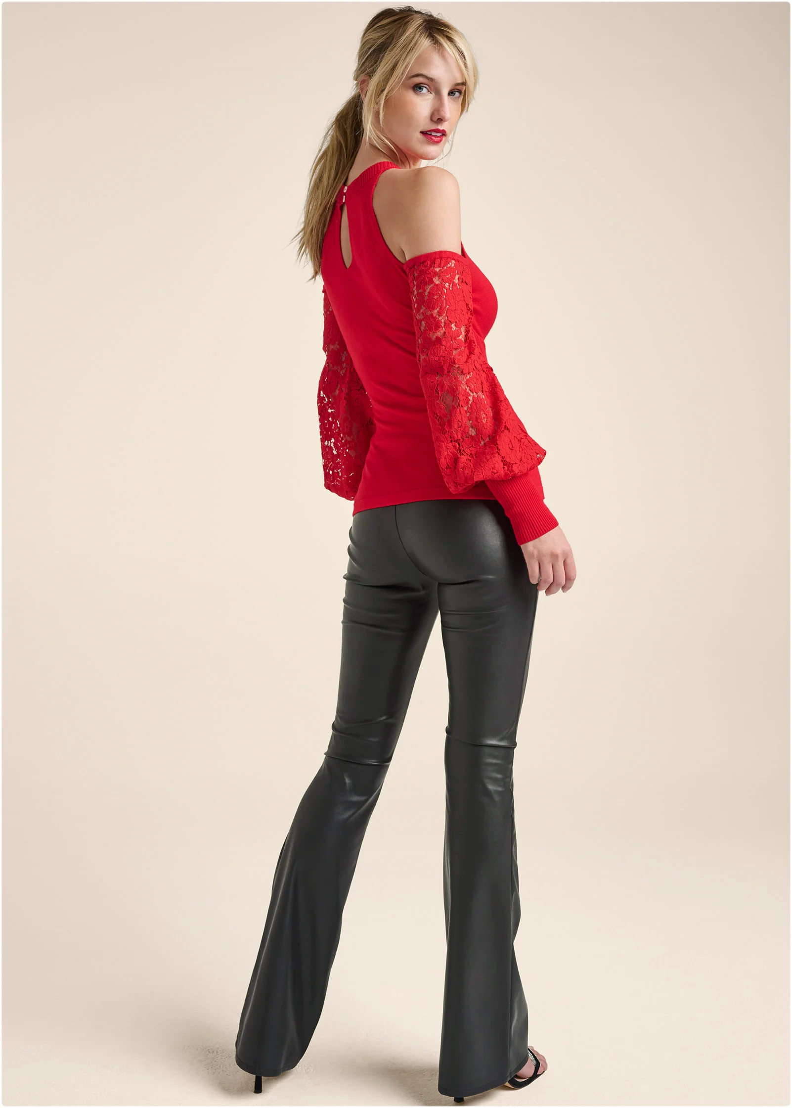 Cold-shoulder lace sweater - Red