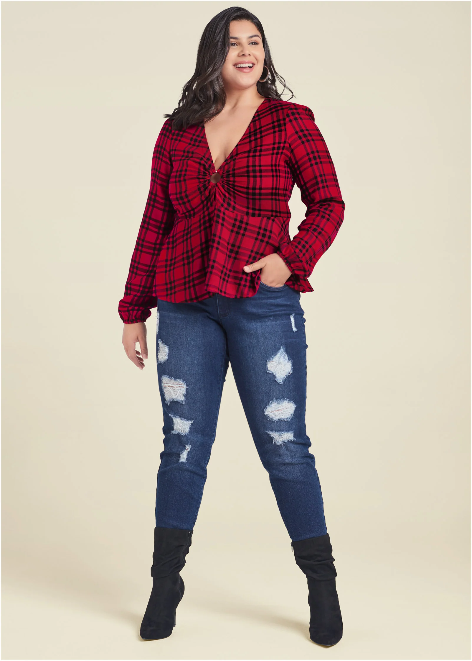 Plaid ring detail top - Red Multi