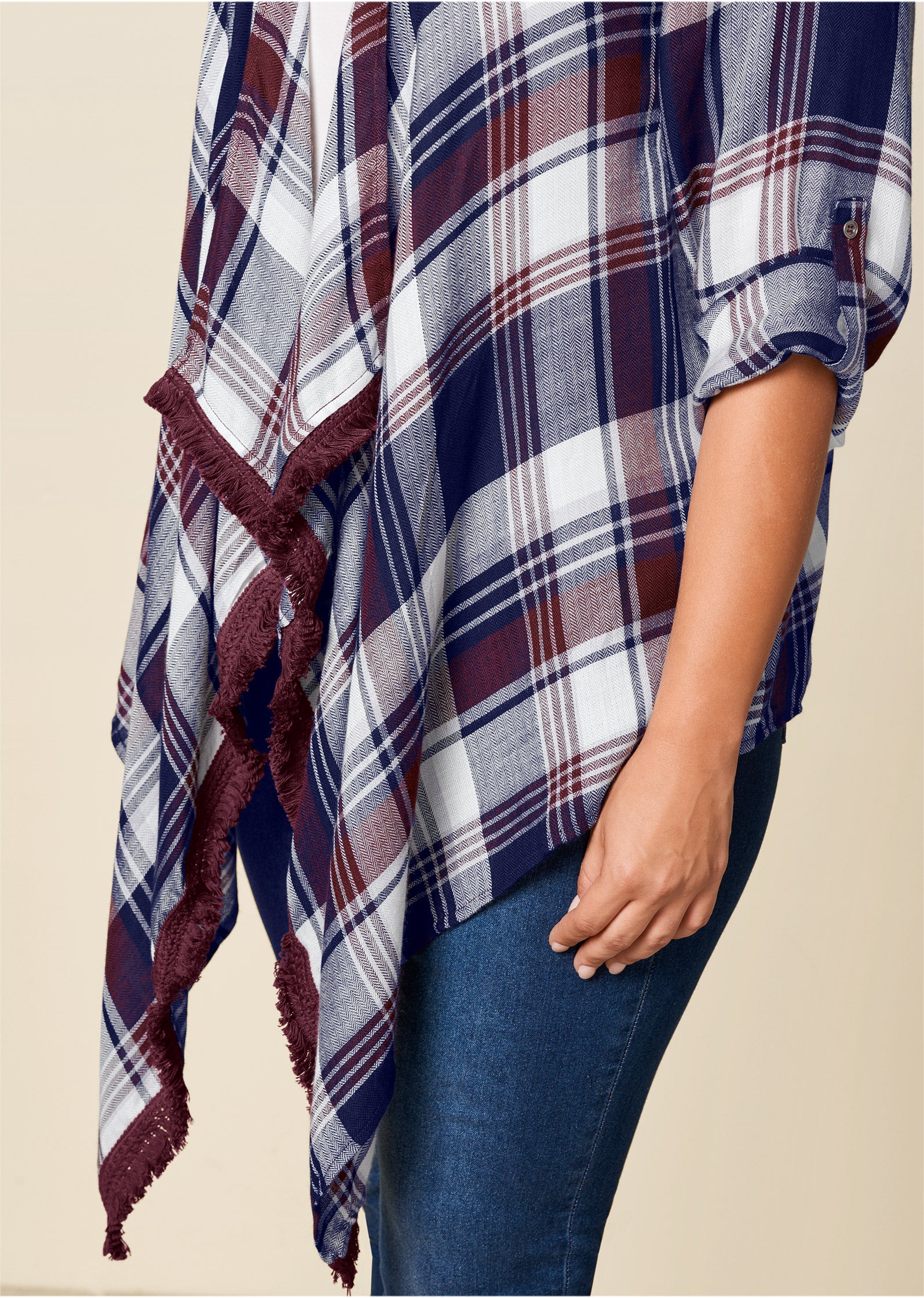 Plaid and fringe cardigan - Navy Multi