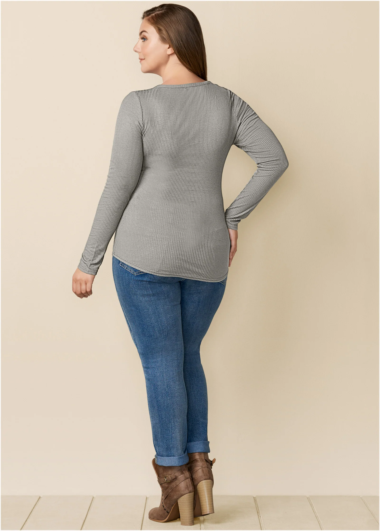 Ribbed Henley top - Heather Grey