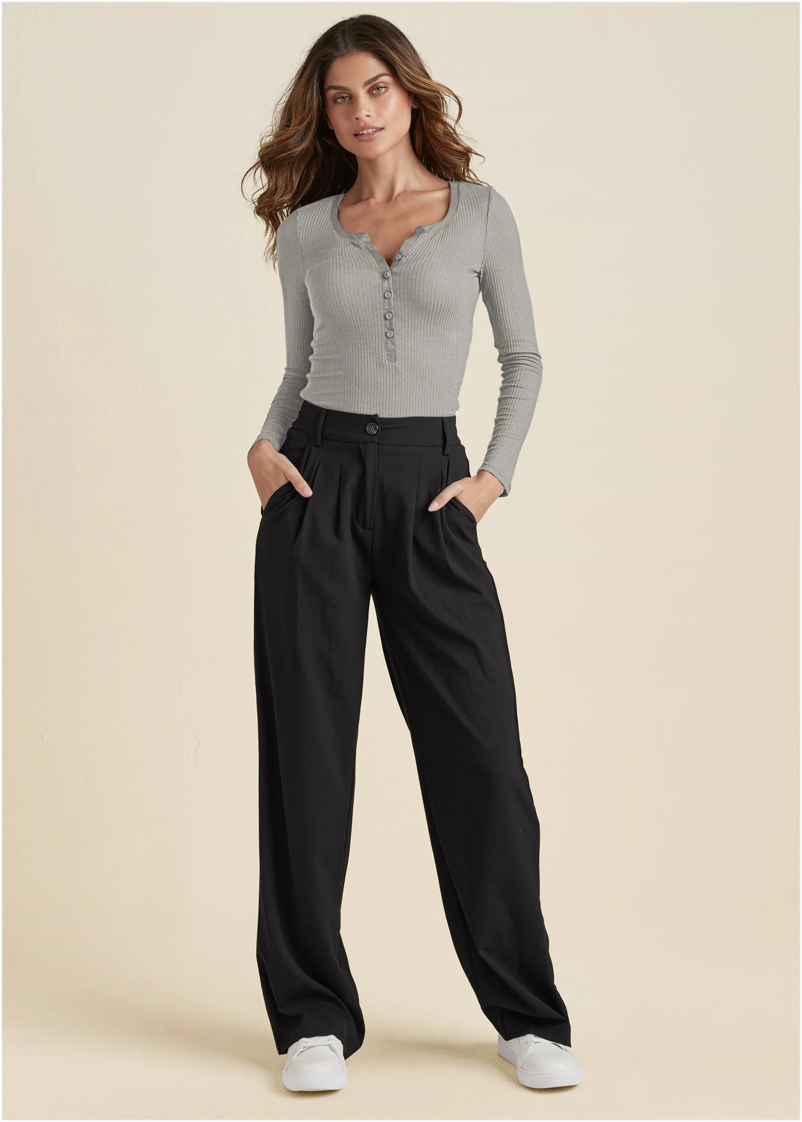 Ribbed Henley top - Heather Grey