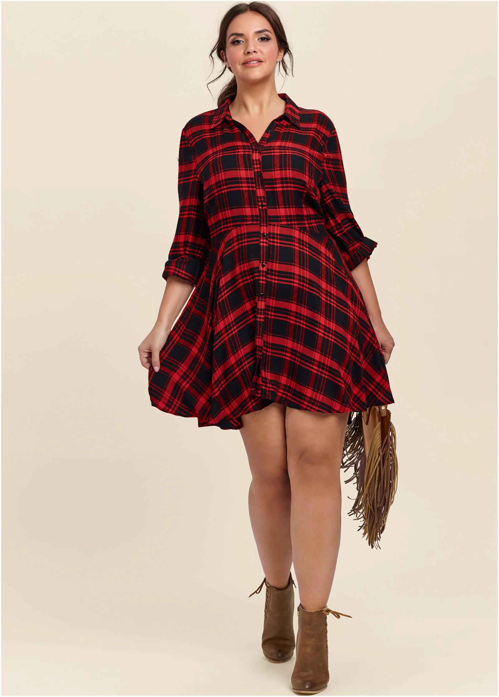 Plaid high low dress - Red Multi
