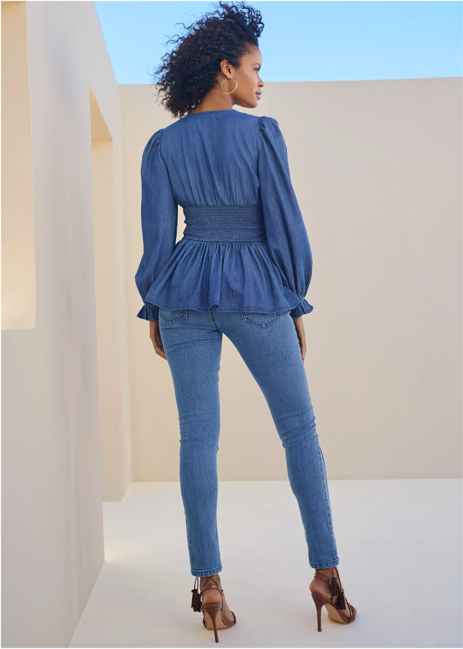 Smocked waist chambray top - Medium Wash