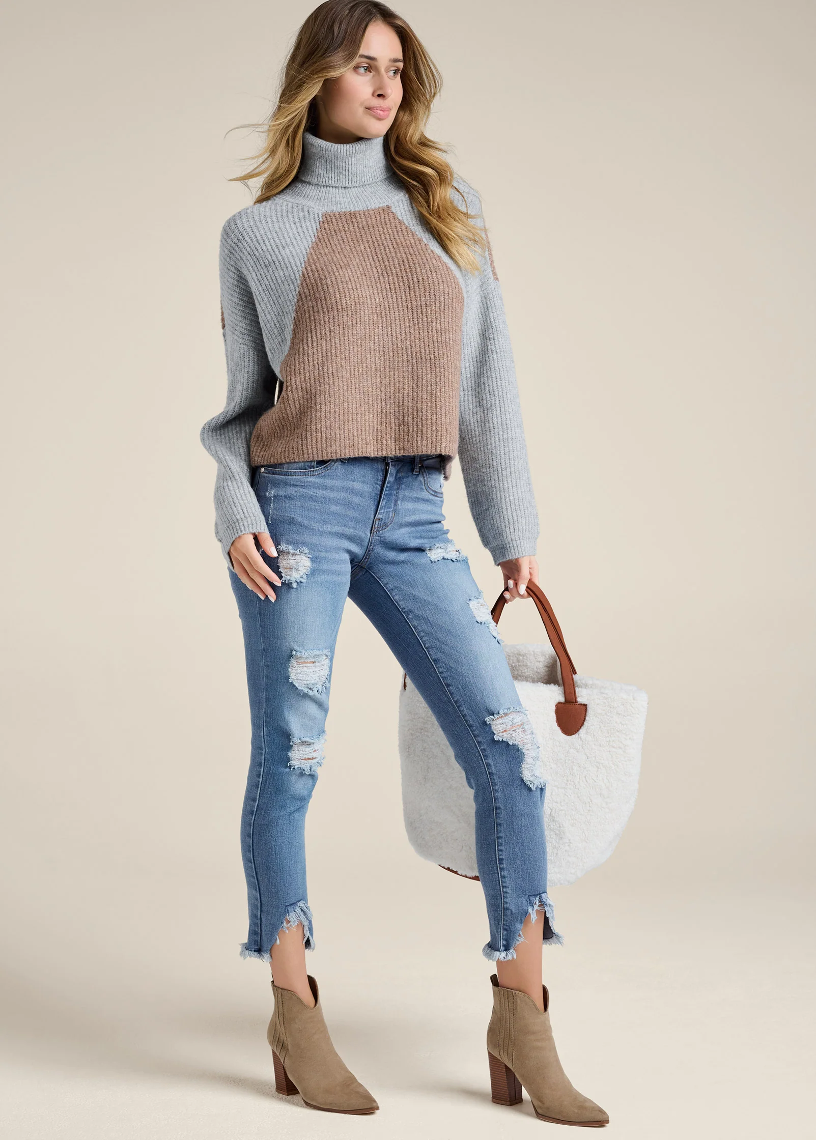 Color block turtleneck sweater  - Grey Multi