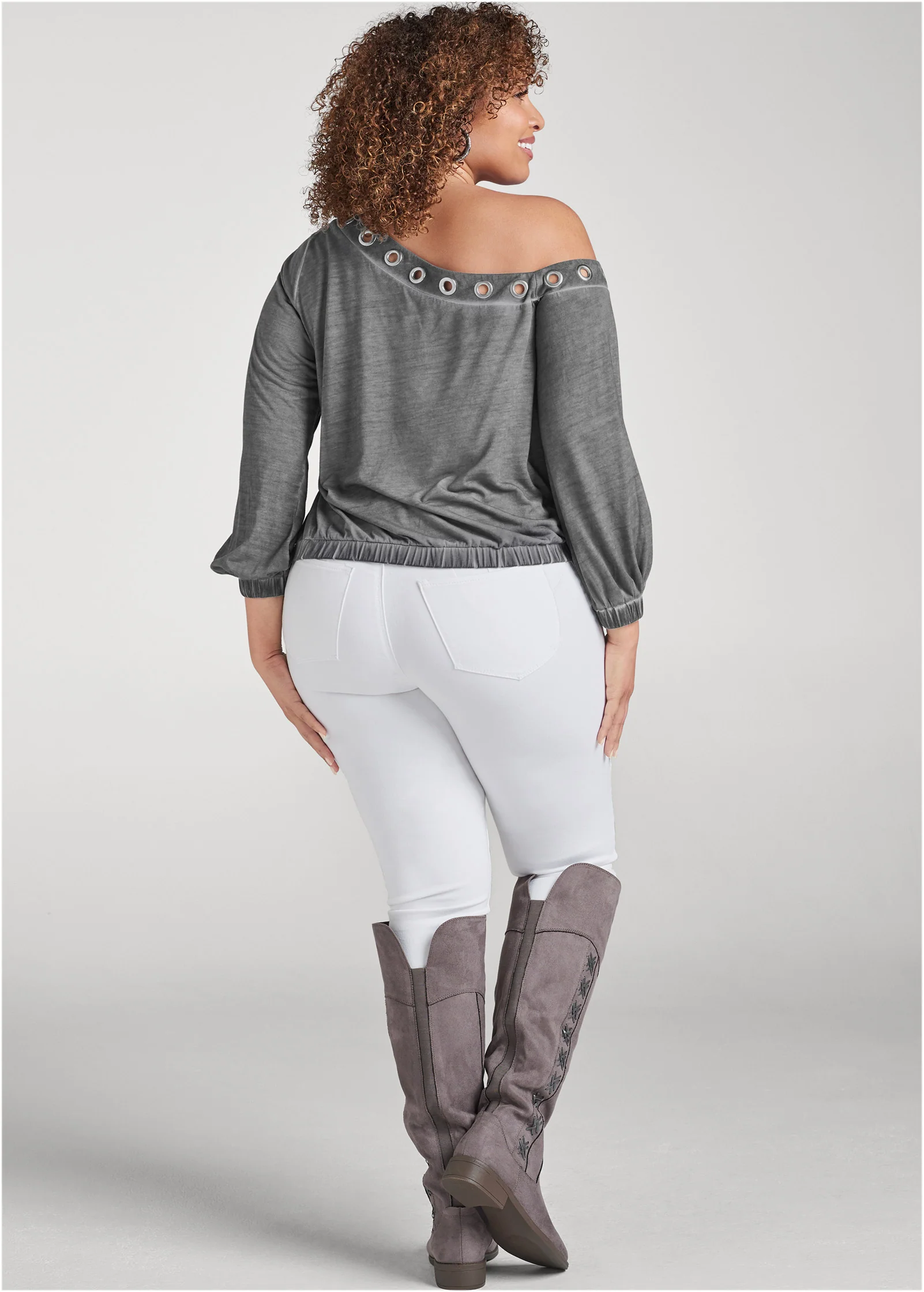 One-shoulder grommet top - Grey