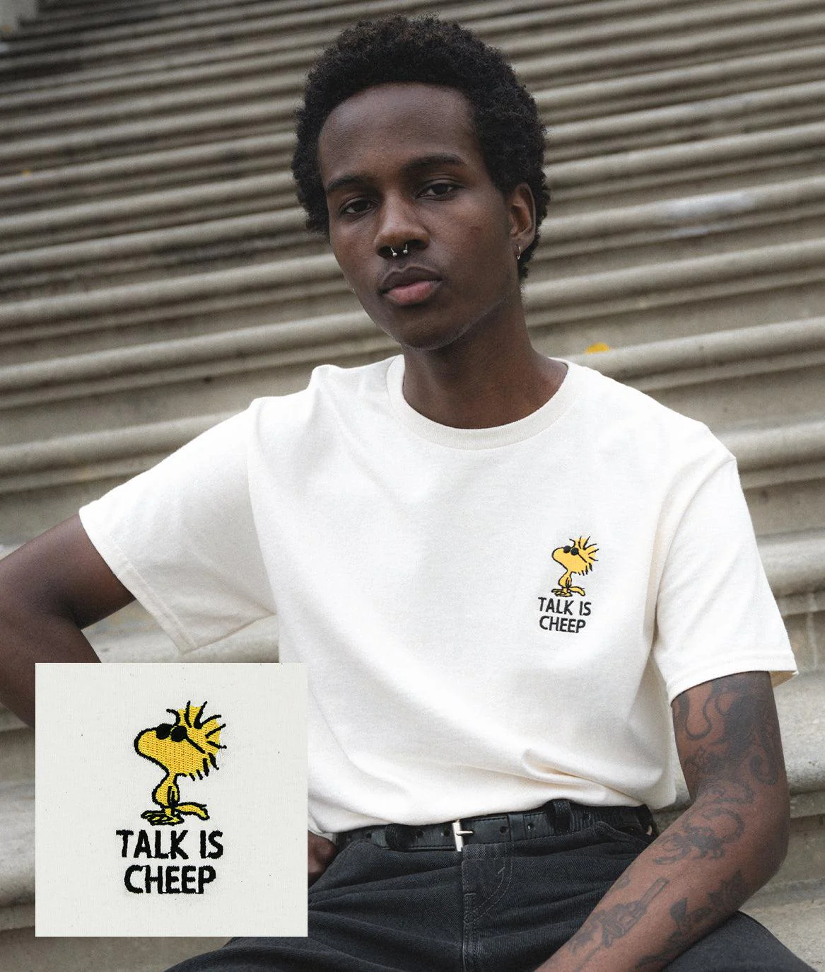 Peanuts Woodstock Talk is Cheep Embroidered Mens T-Shirt