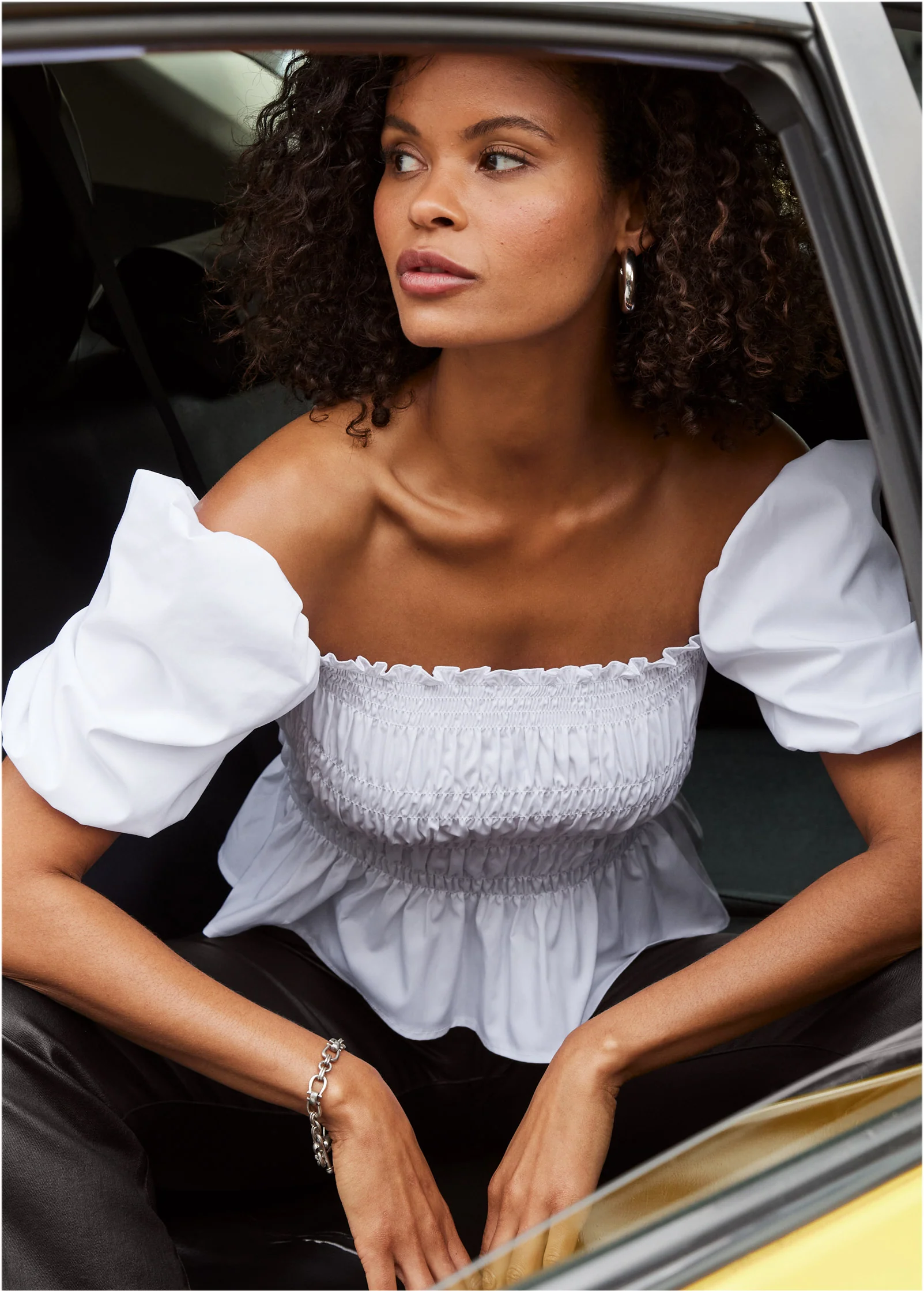 Smocked puff sleeve top - White