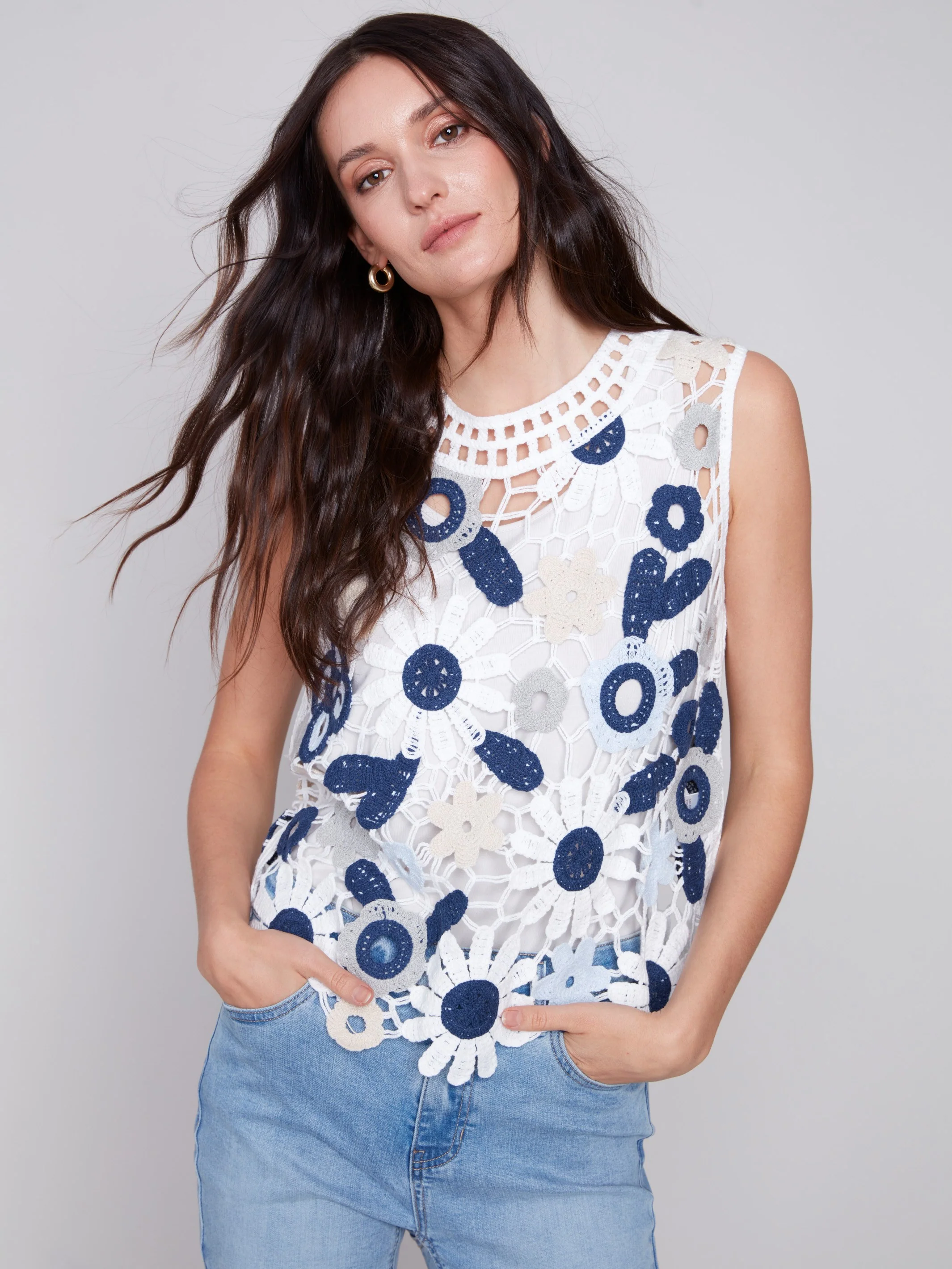 Sleeveless Crochet Top with Floral Pattern - Celadon
