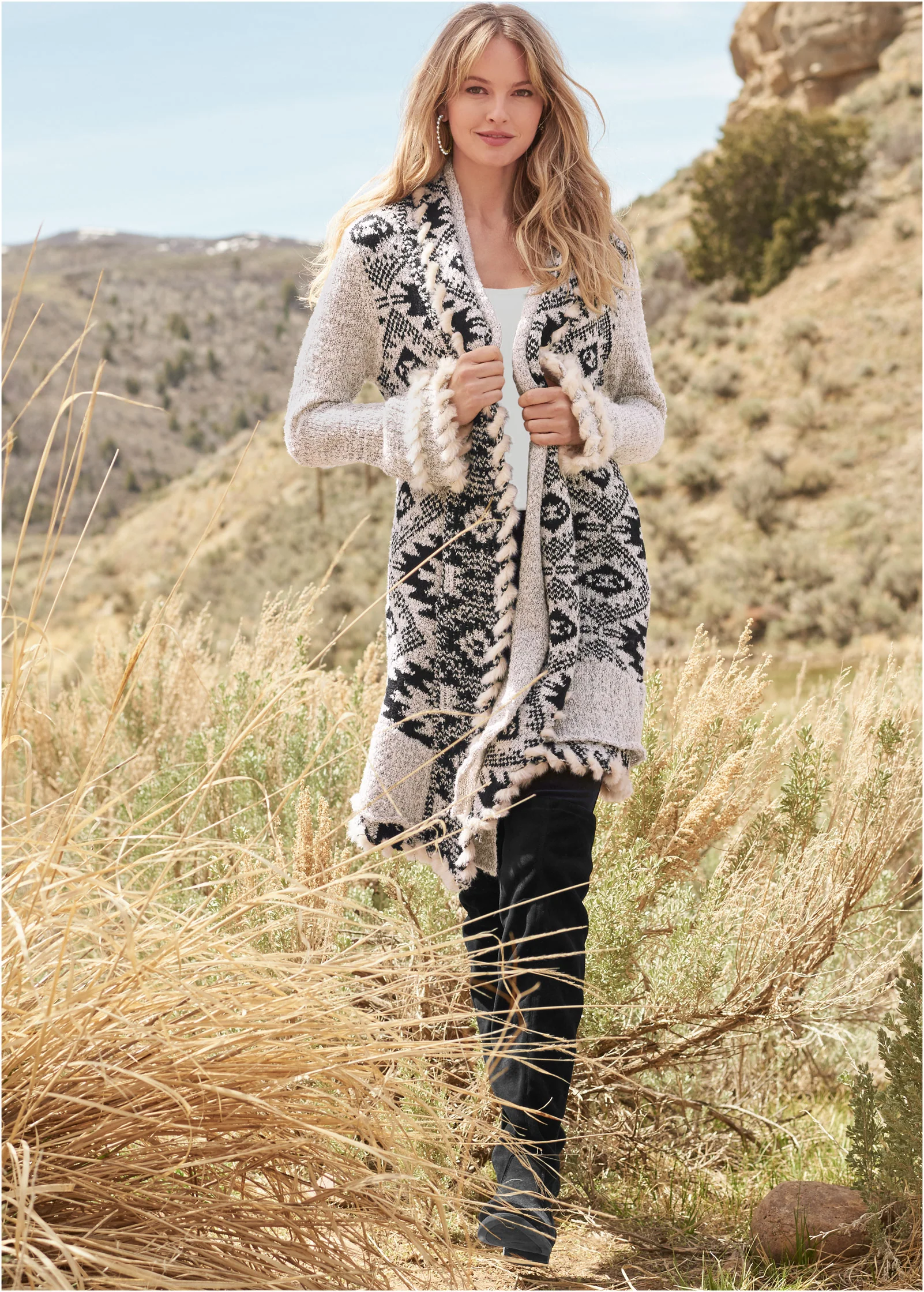 Mixed print duster - Cream & Black