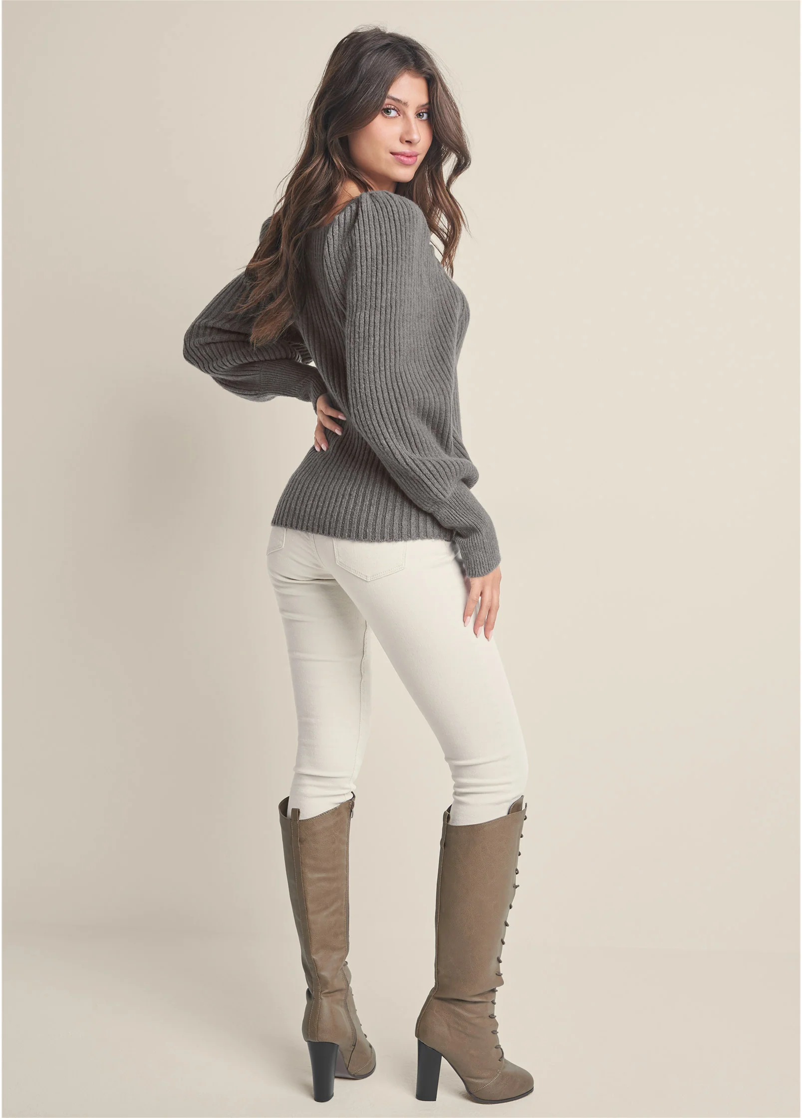 Square neck puff sleeve sweater - Dark Grey