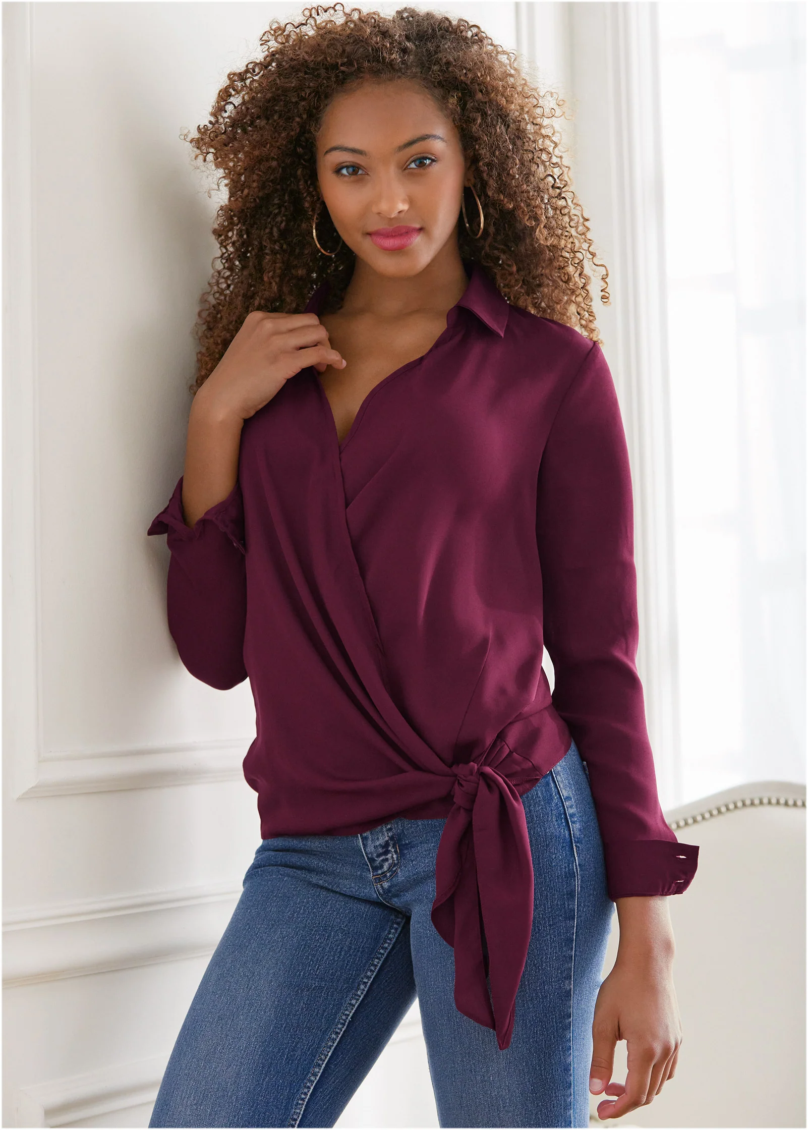 Surplice side tie blouse - Wine