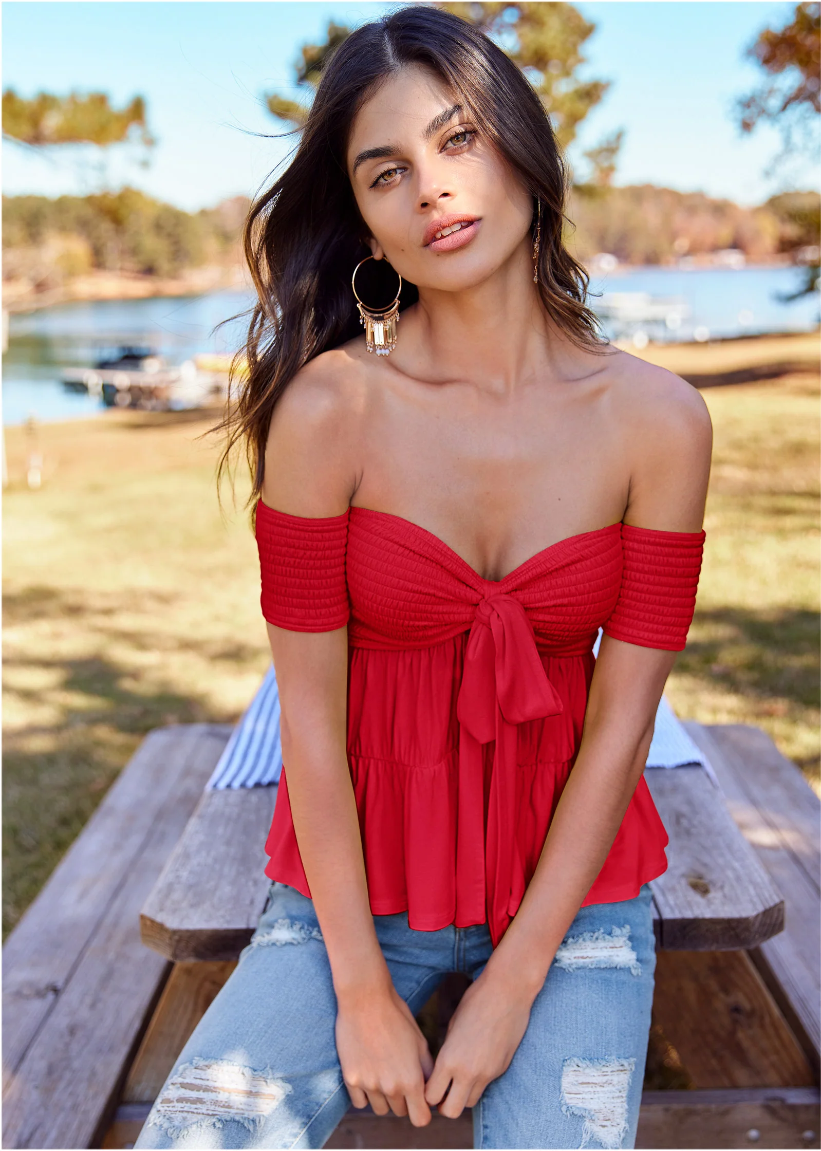 Tie front smocked top - Red