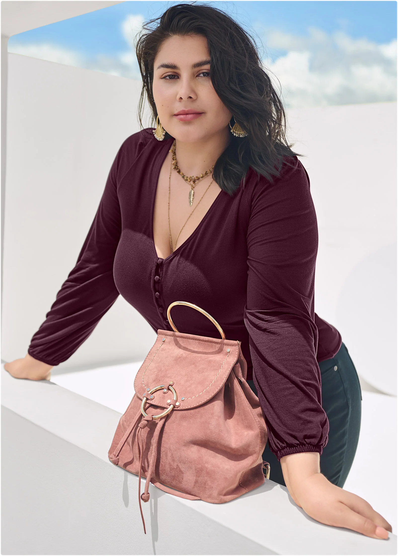 Tie-front button-up top - Wine