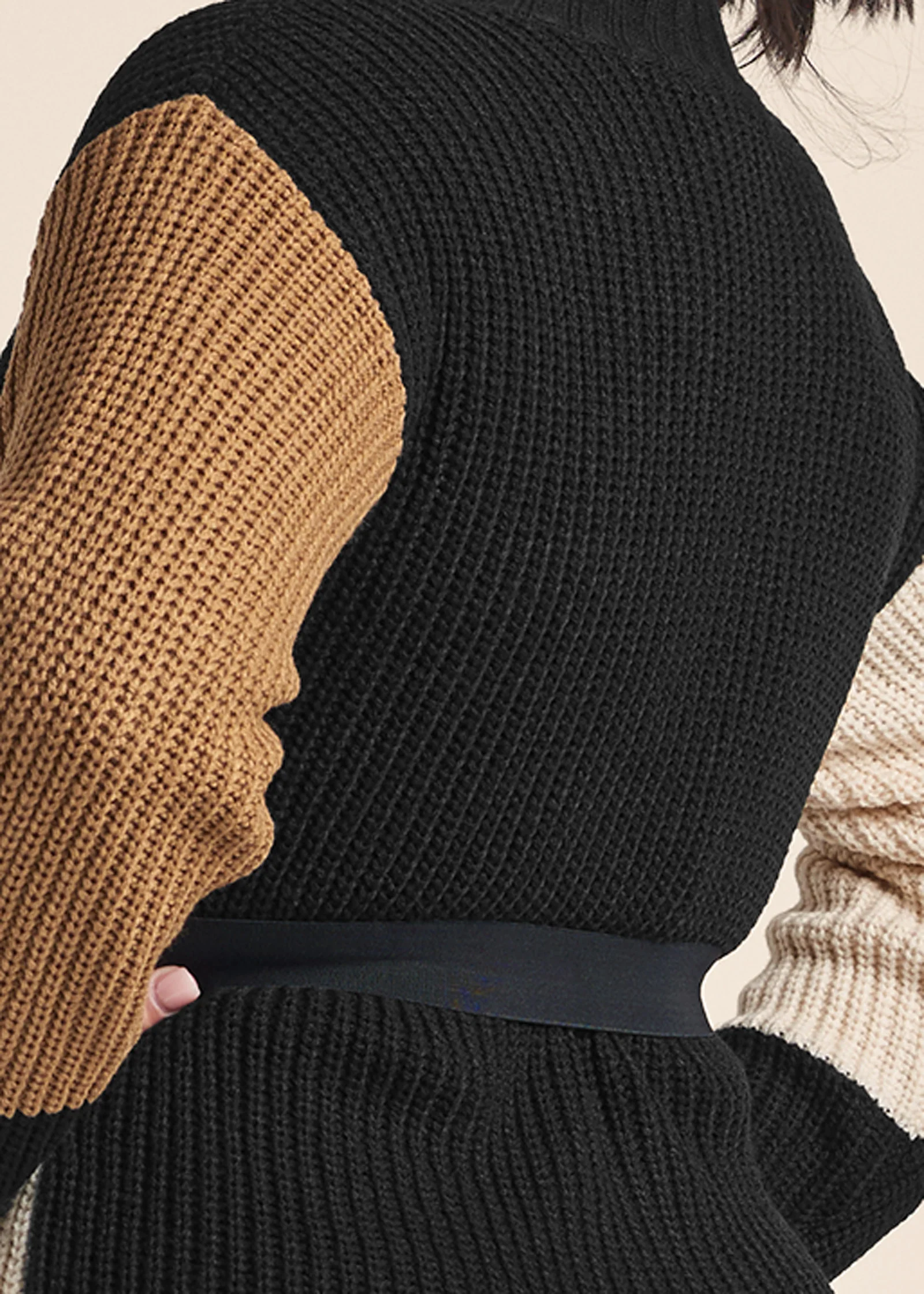 Belted color block sweater dress - Black Multi