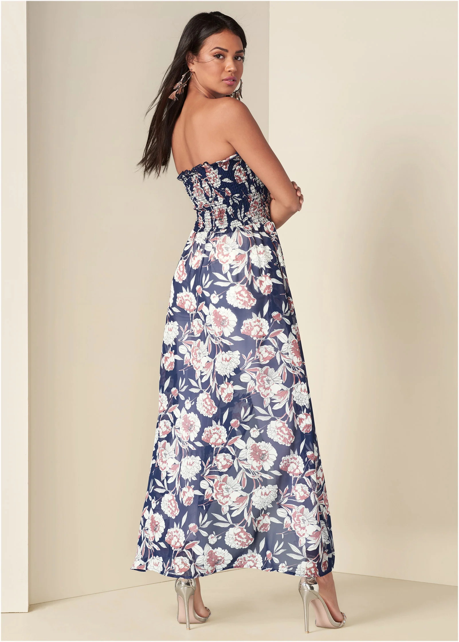 Smocked floral high-low top - Navy Multi