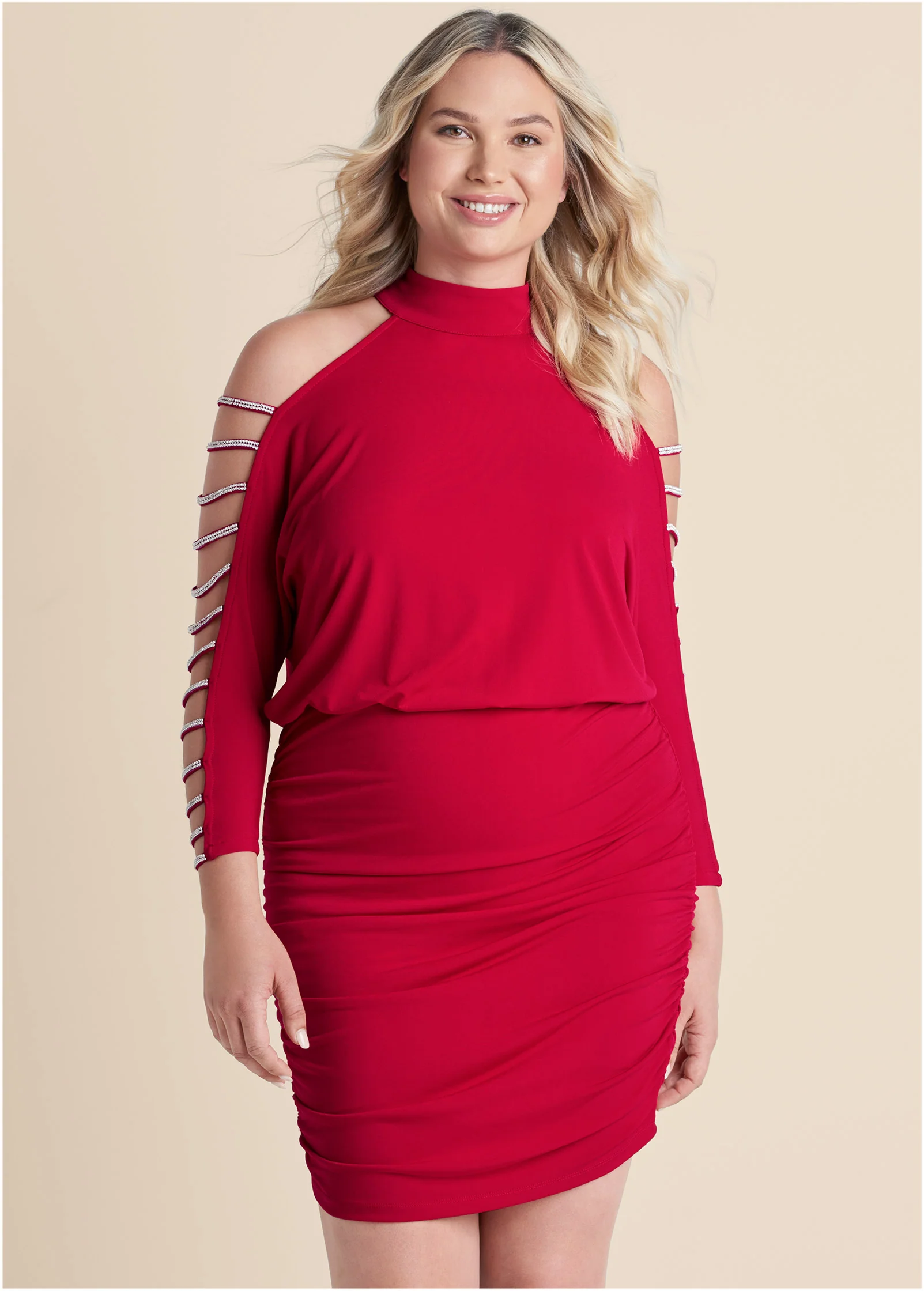 Embellished cold-shoulder dress  - Red