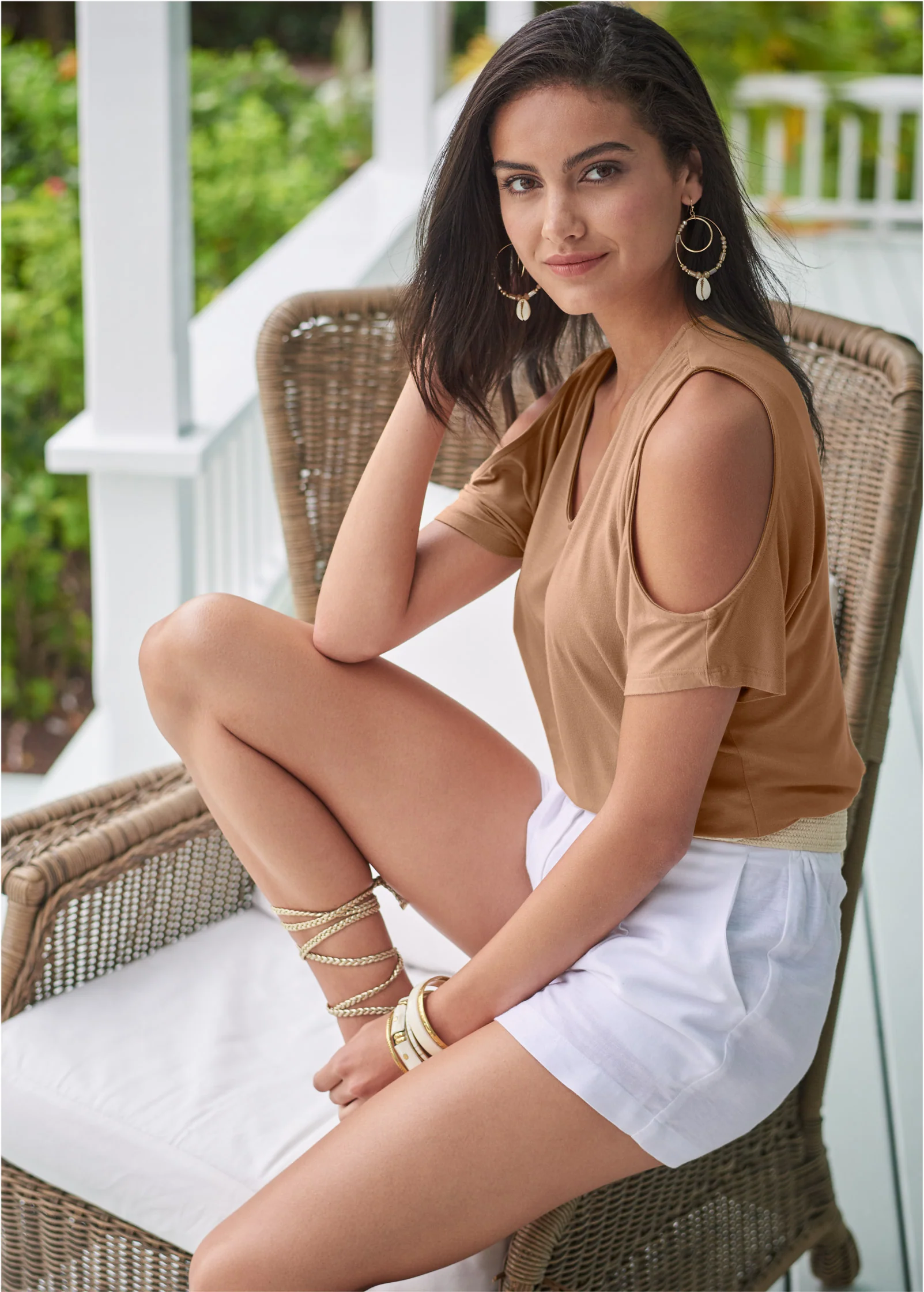 Cold-shoulder V-neck top - Tan