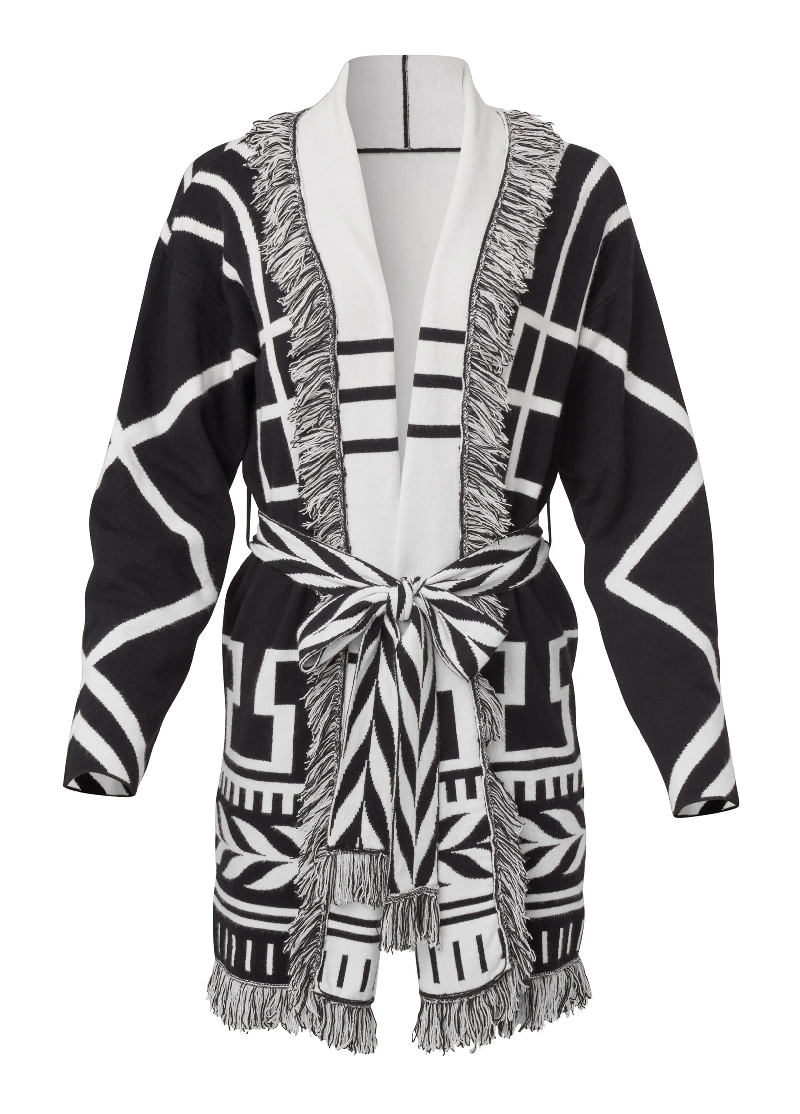 Fringe belted cardigan  - Black & White
