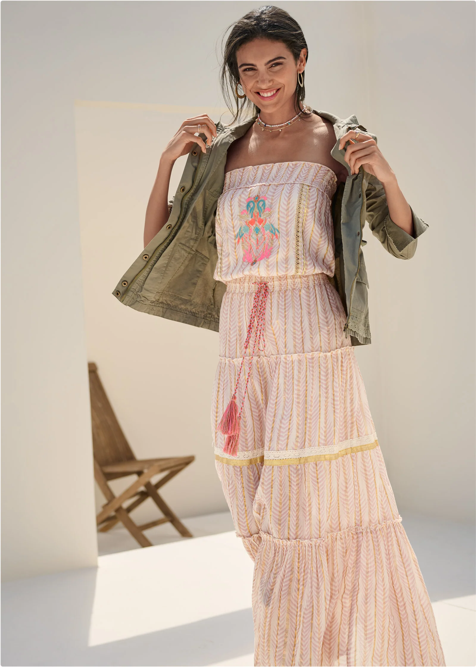 Strapless embroidered maxi dress - Pink Multi