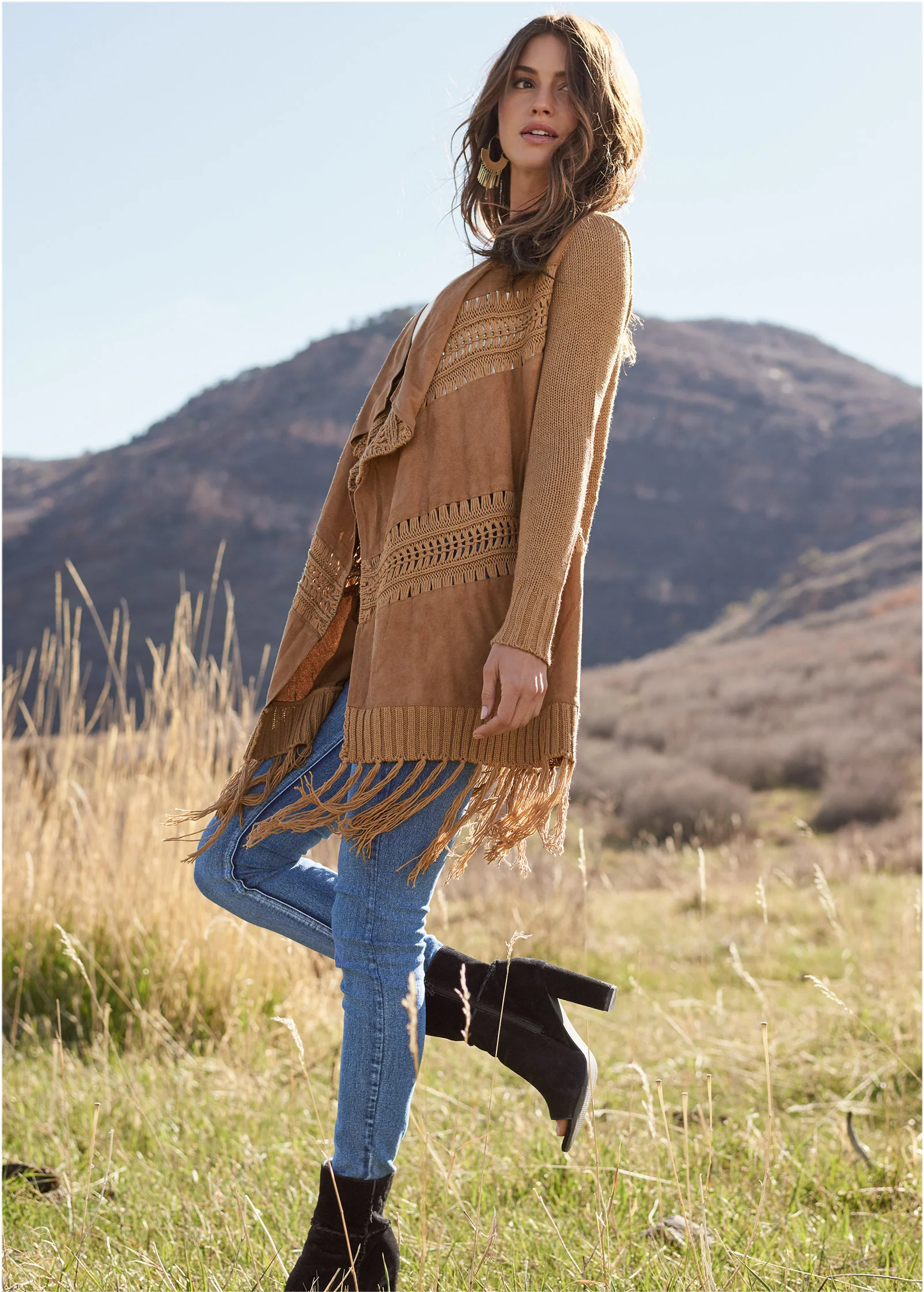 Faux-suede fringe cardigan - Brown