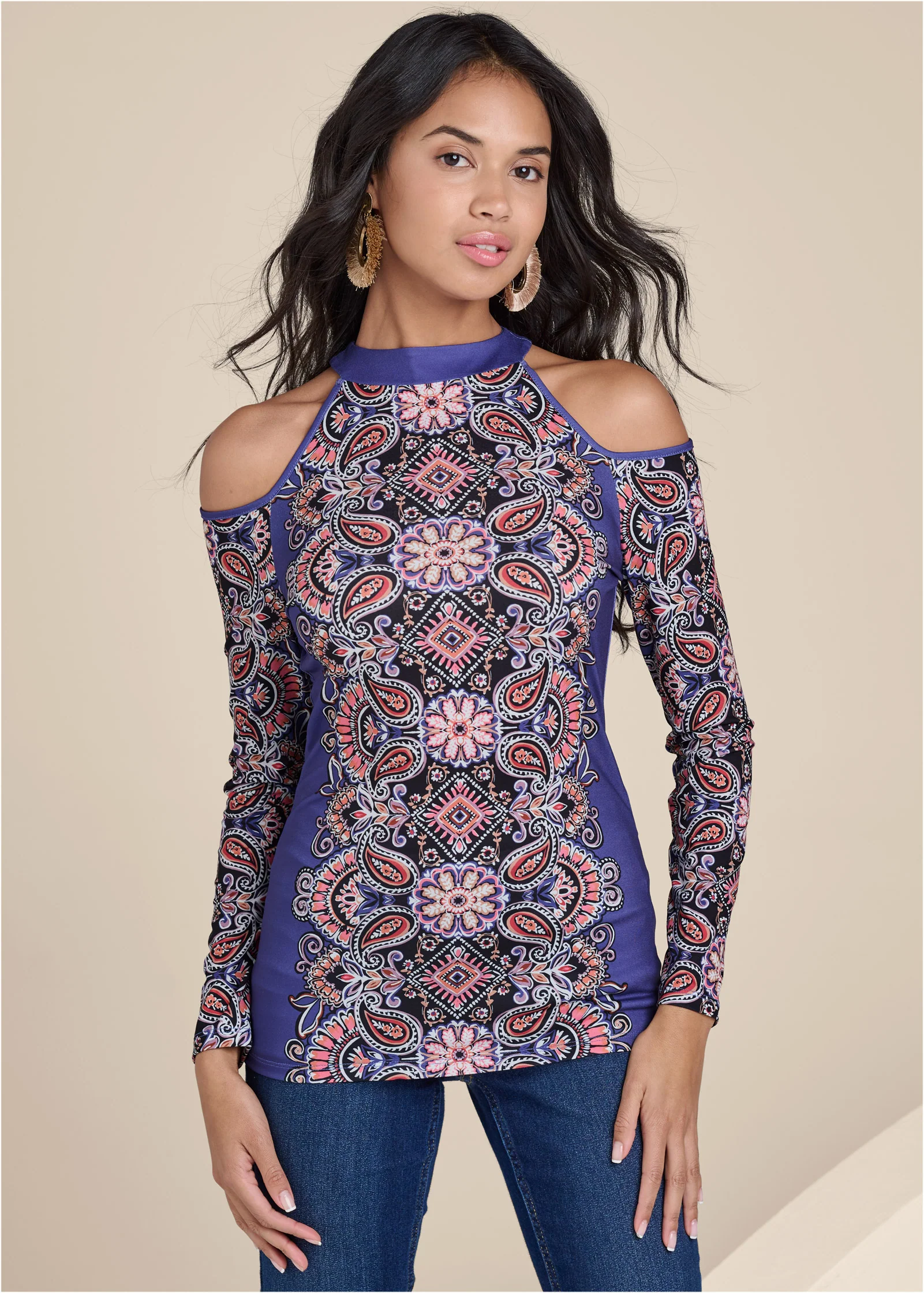 Paisley cold-shoulder top - Blue Multi