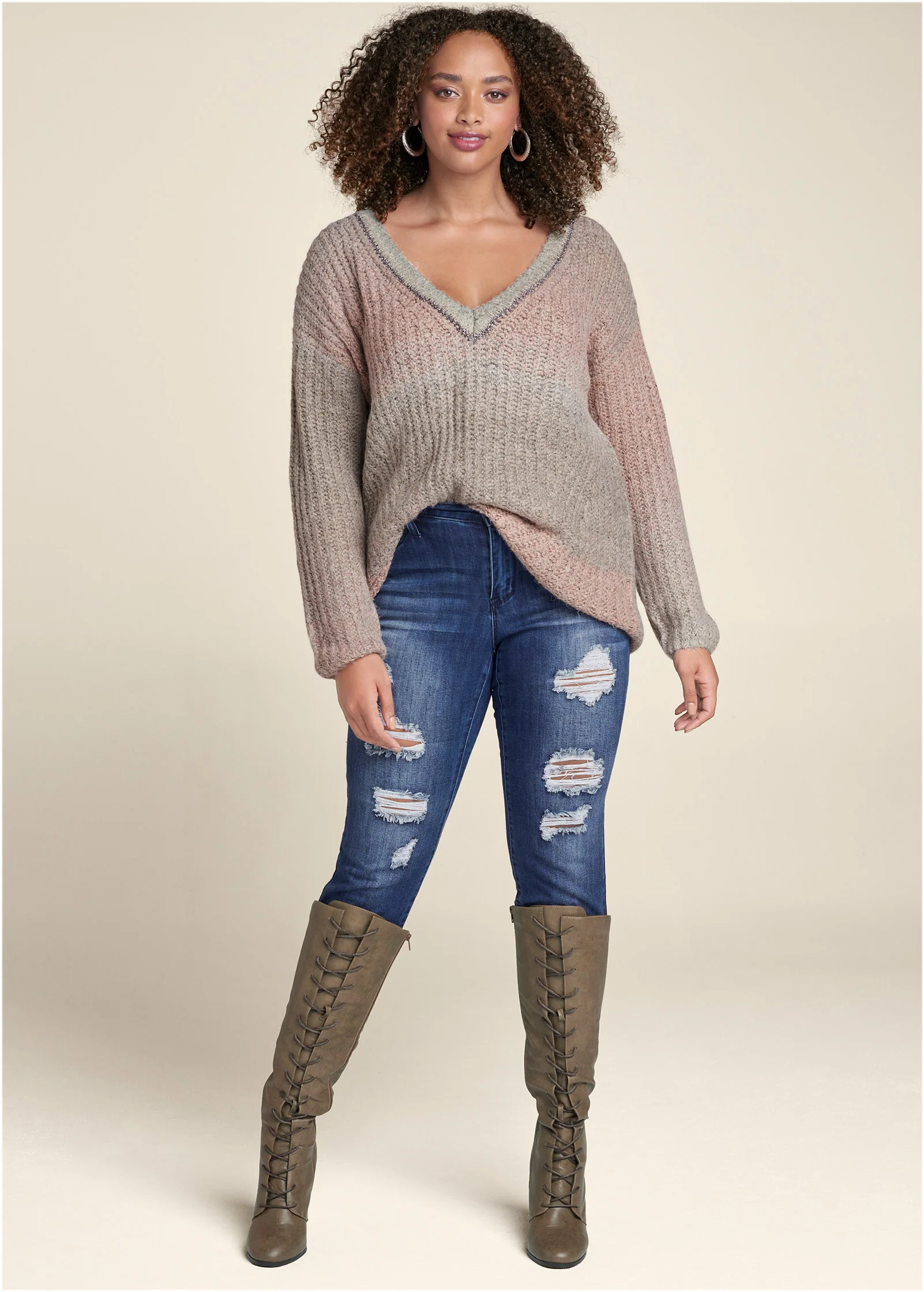 Ombre knit V-Neck sweater - Pink Multi