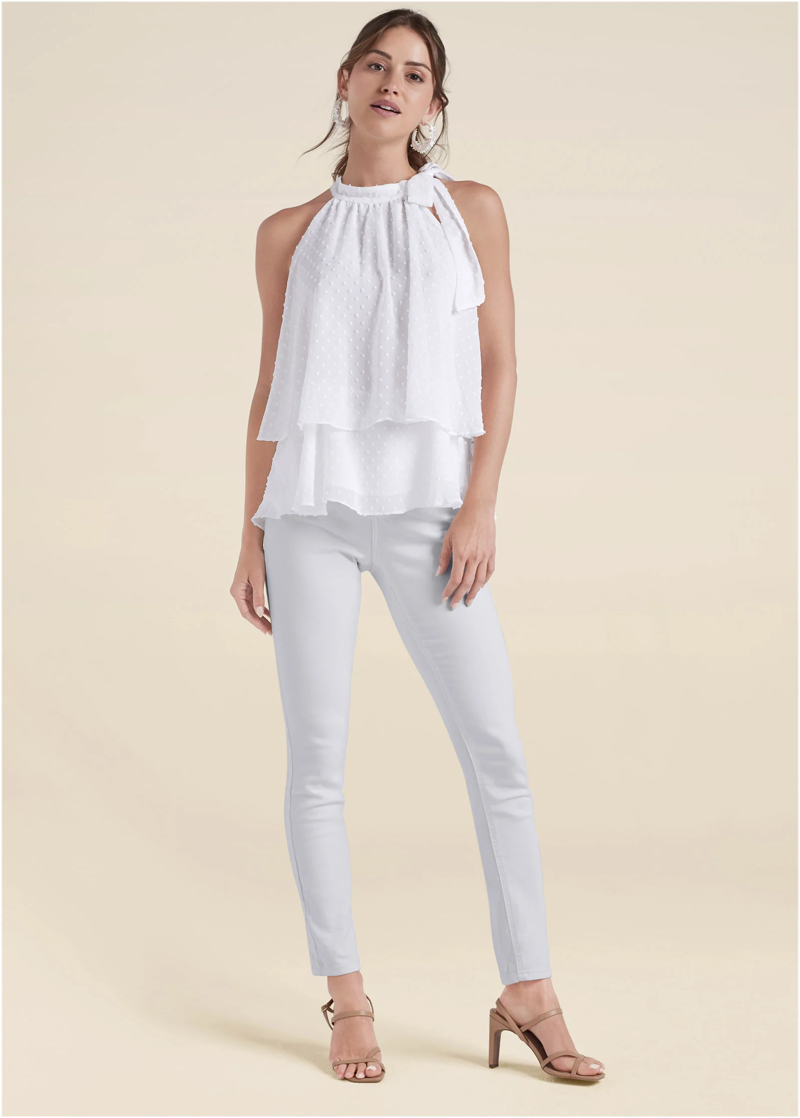 Swiss dot mock-neck top - White