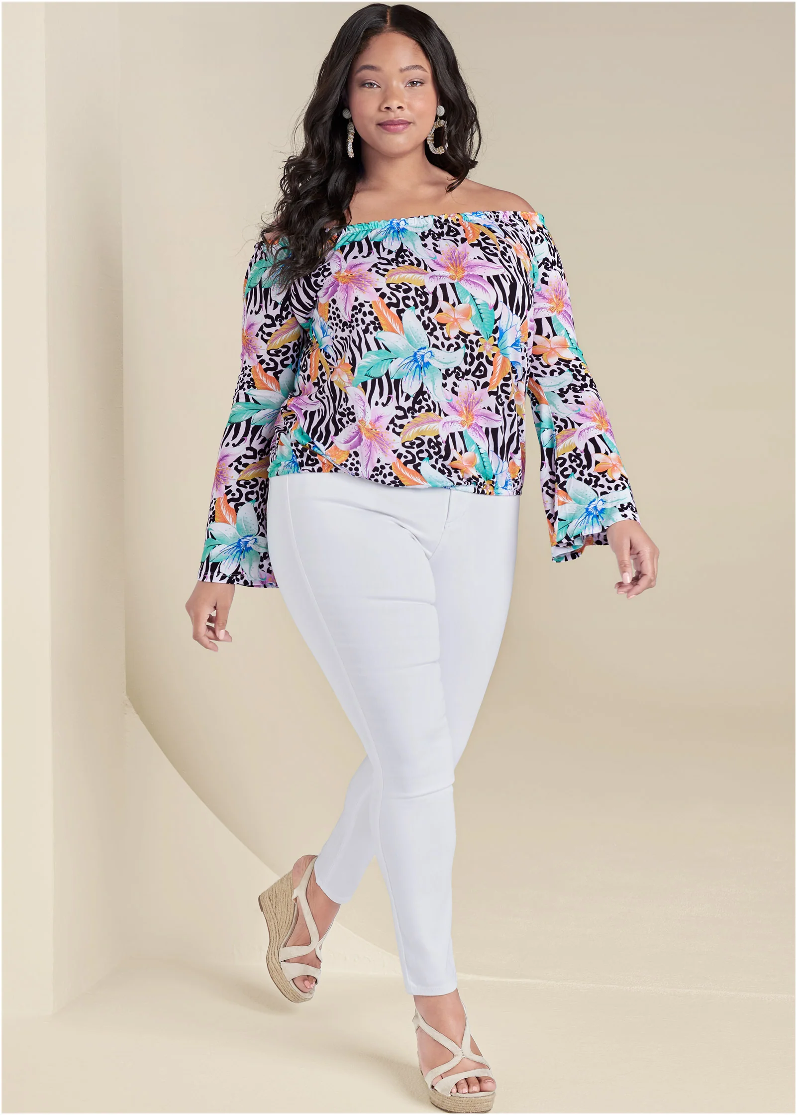 Flare sleeve printed top - White Multi