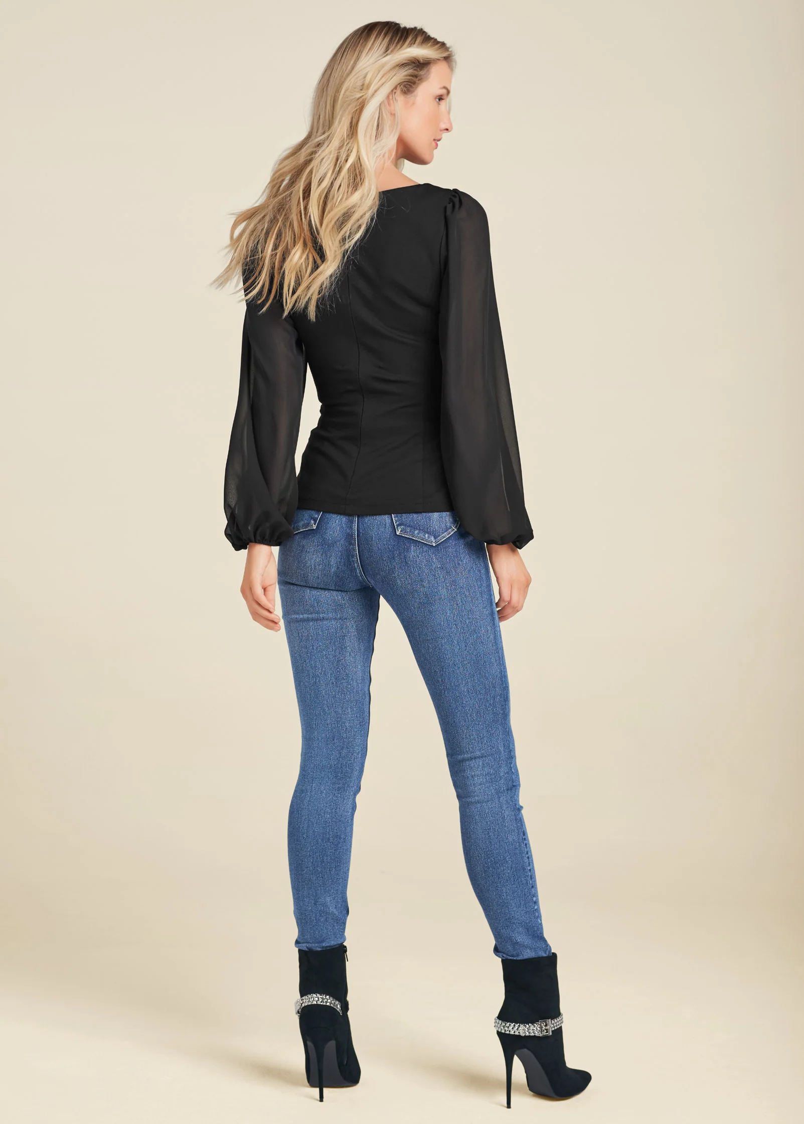 Faux leather mesh sleeve top - Black