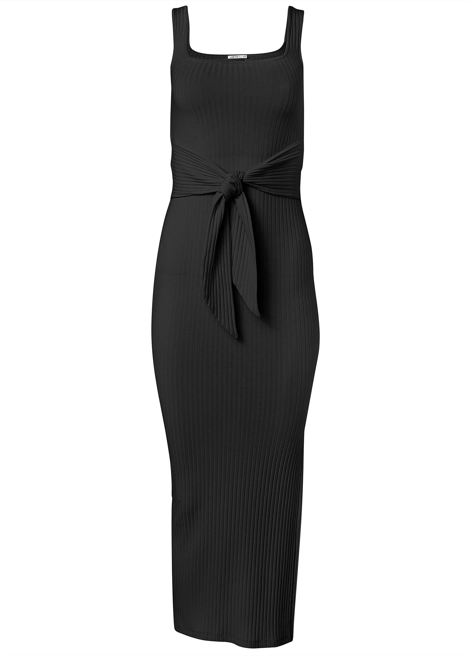Square neck ribbed midi dress - Black