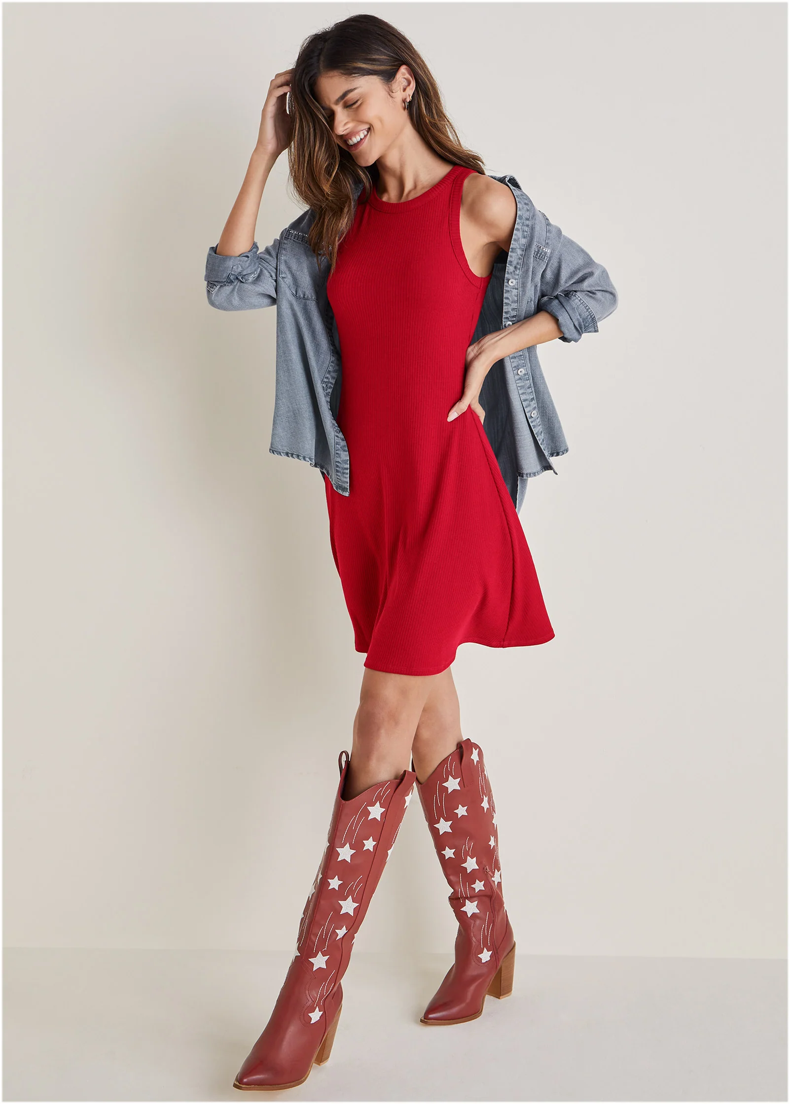 Ribbed fit and flare dress - Red