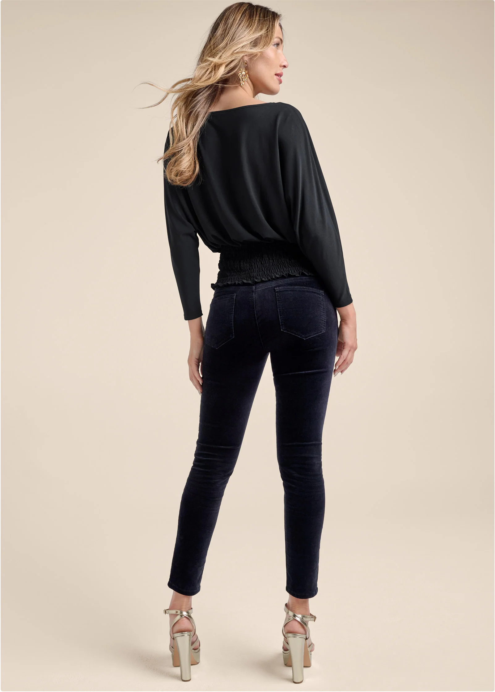 Smocked waist blouson top - Black